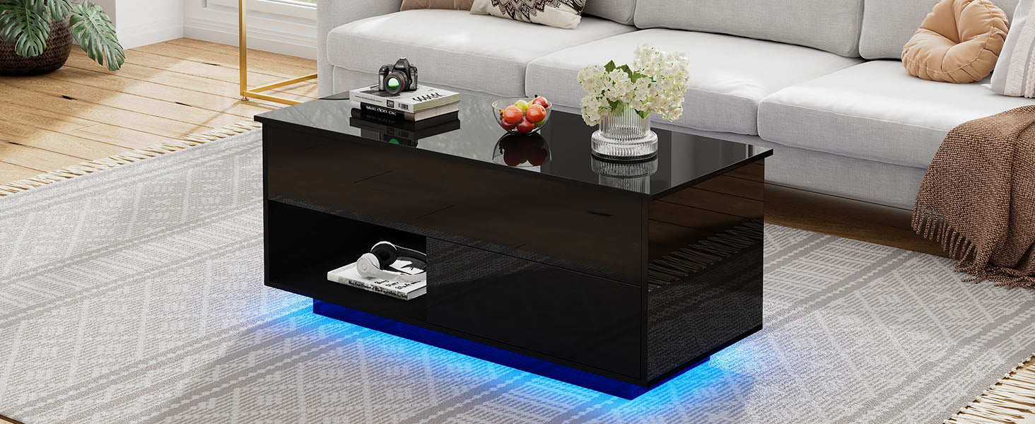 Logidon hoogglans salontafel 100x50x55 cm zwart LED-verlichting