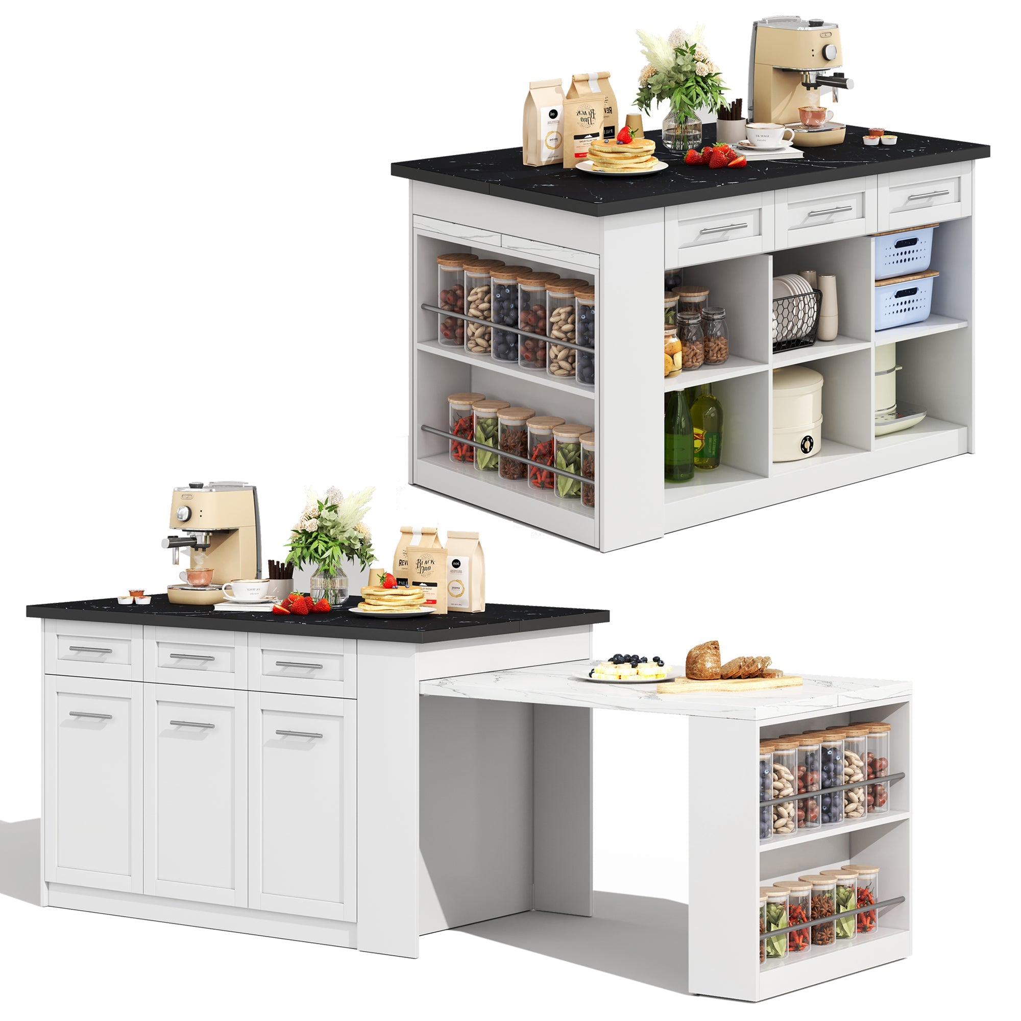 Logidon keukeneiland 150x96 cm wit met marmeren blad uitschuifbare eettafel