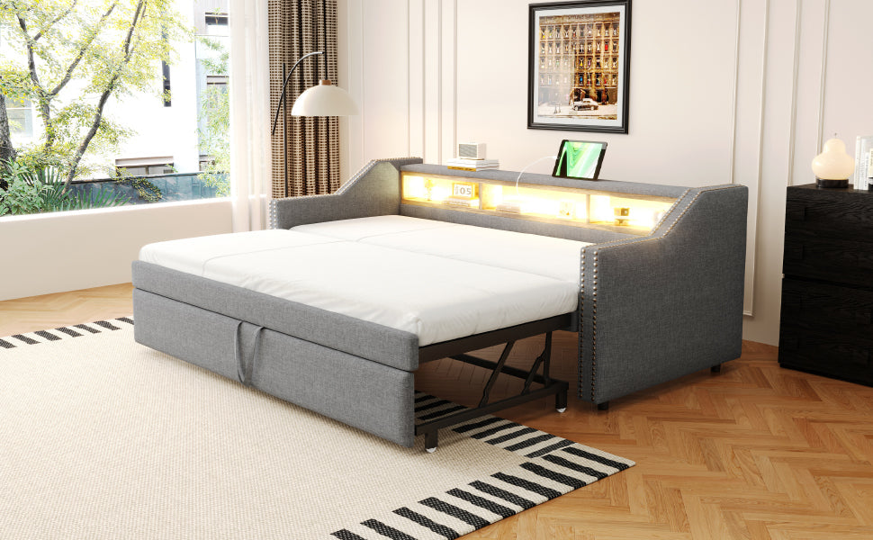 Logidon upholstered bed pull-out sofa bed 90/180 x 190 cm light gray storage compartment