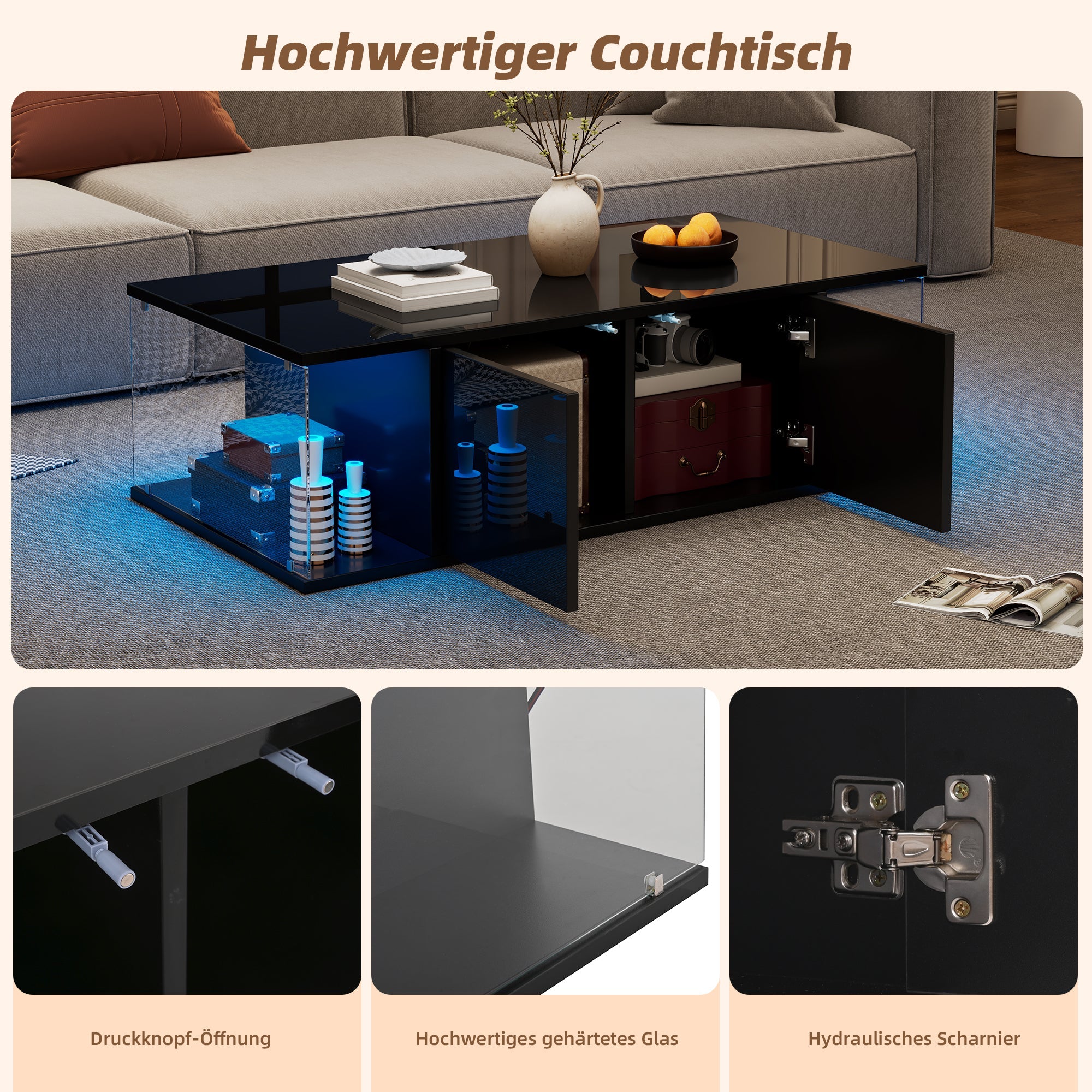 Logidon salontafel 100x50x30 cm zwart hoogglans LED 2 kasten