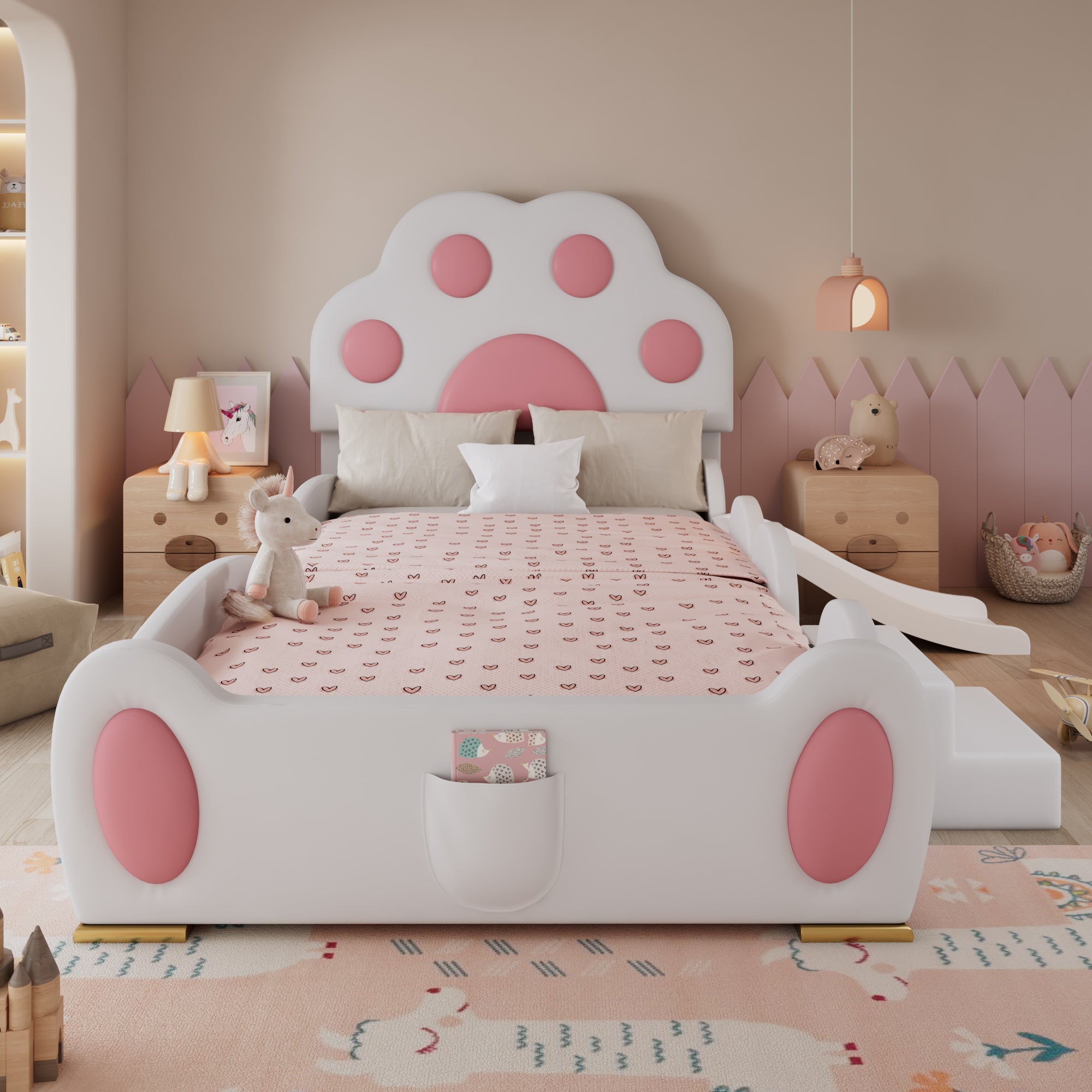 Logidon gestoffeerd bed 90x200 cm wit roze met kattenpoot hoofdeinde