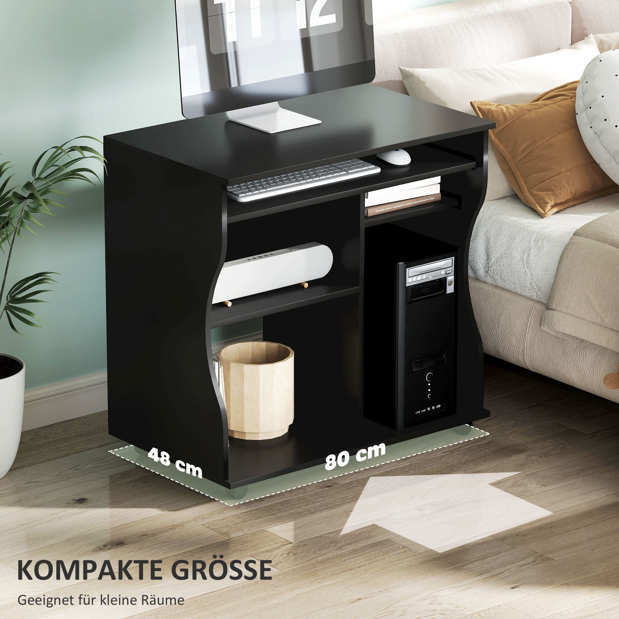 Logidon computertafel zwarte wielen toetsenbordplank 80 x 48 x 75 cm