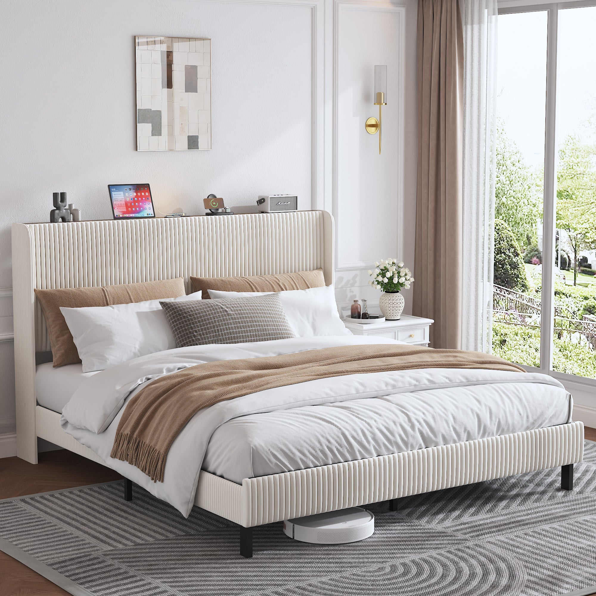 Logidon platformbed 180x200 beige corduroy vleugeldesign hoofdeinde