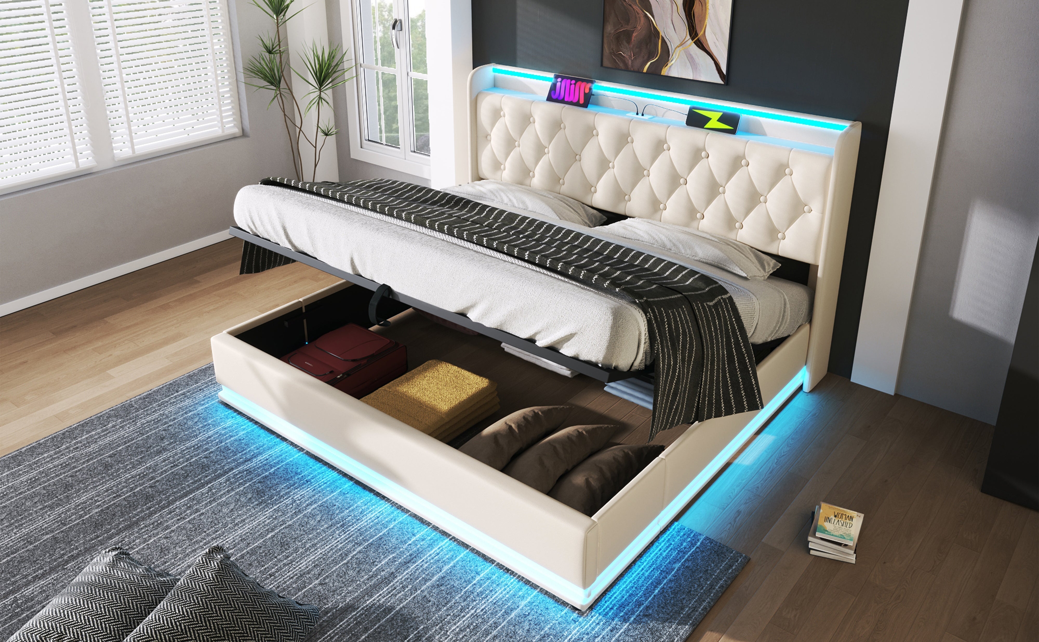 Logidon gestoffeerd bed tweepersoonsbed 180x200 cm wit PU, 360 surround LED