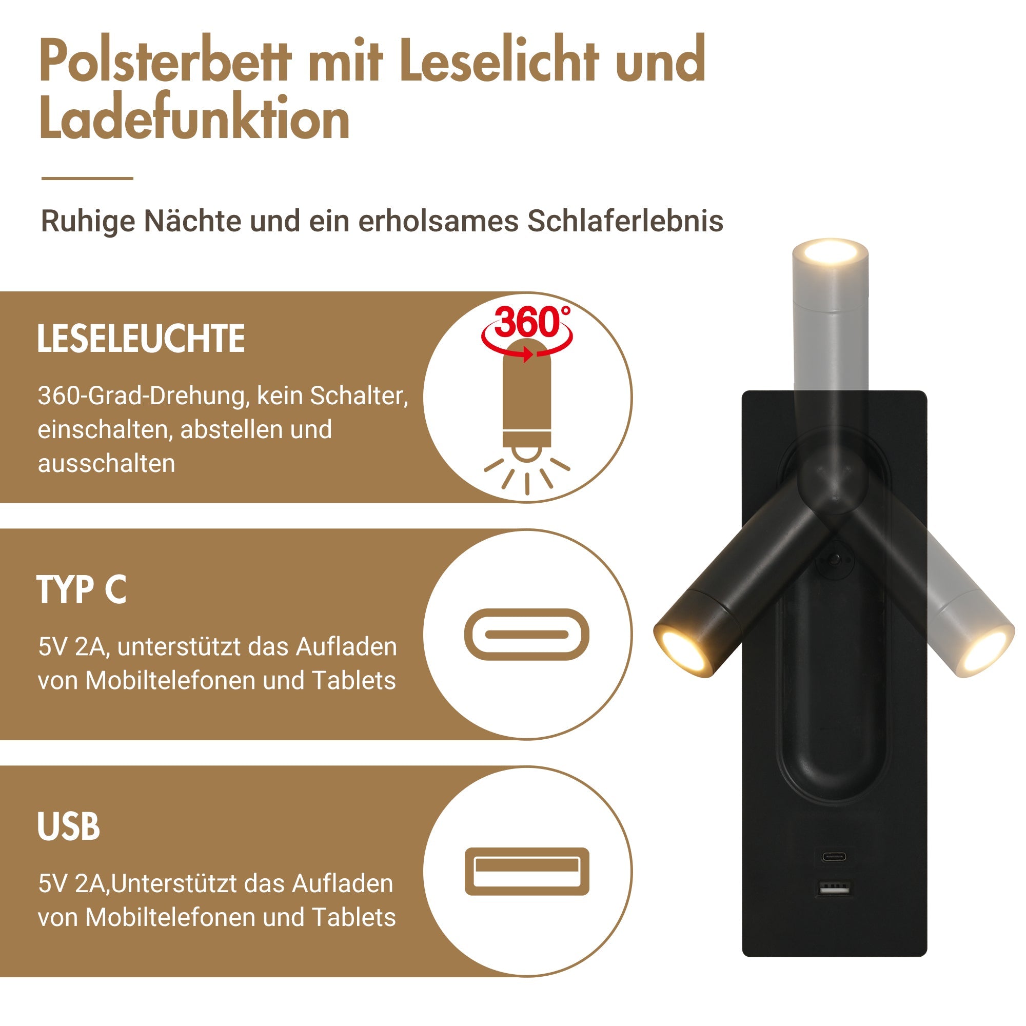 Logidon upholstered bed 160x200 beige with reading lamp USB charging function