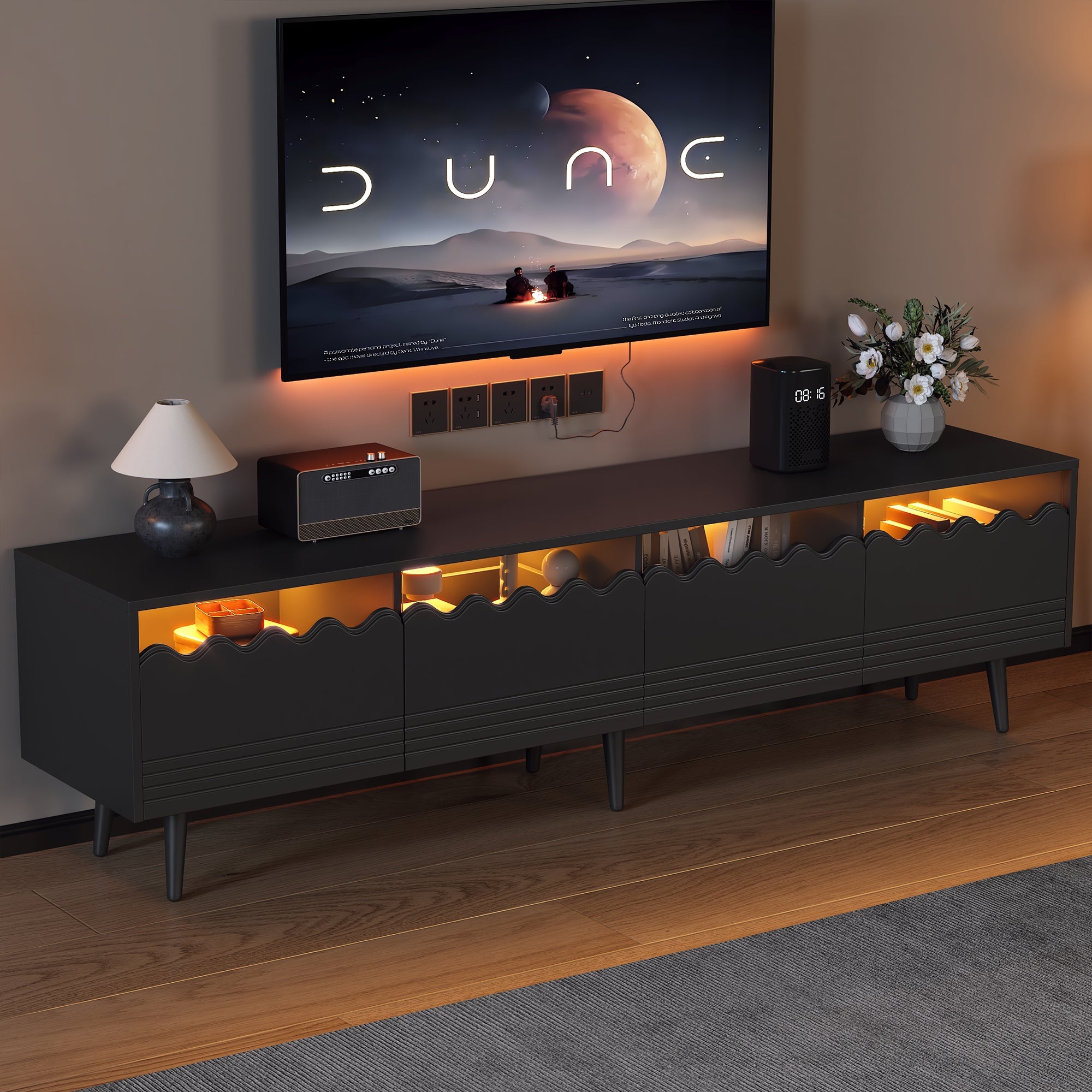 Logidon 176x38x45 cm zwart TV-lowboard met LED-verlichting