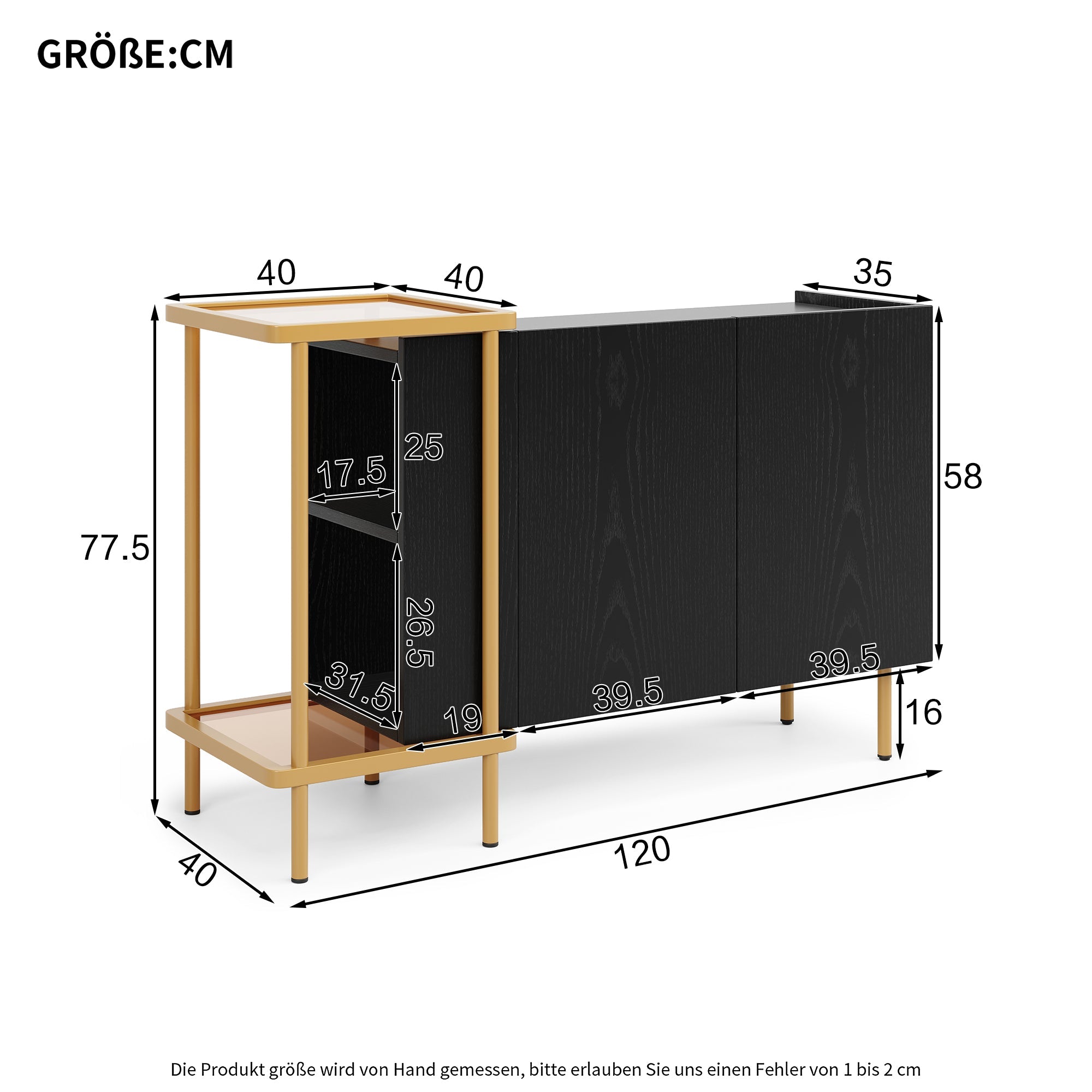 Logidon Dressoir Zwart Glazen Blad En Metalen Poten 120x40x77.5