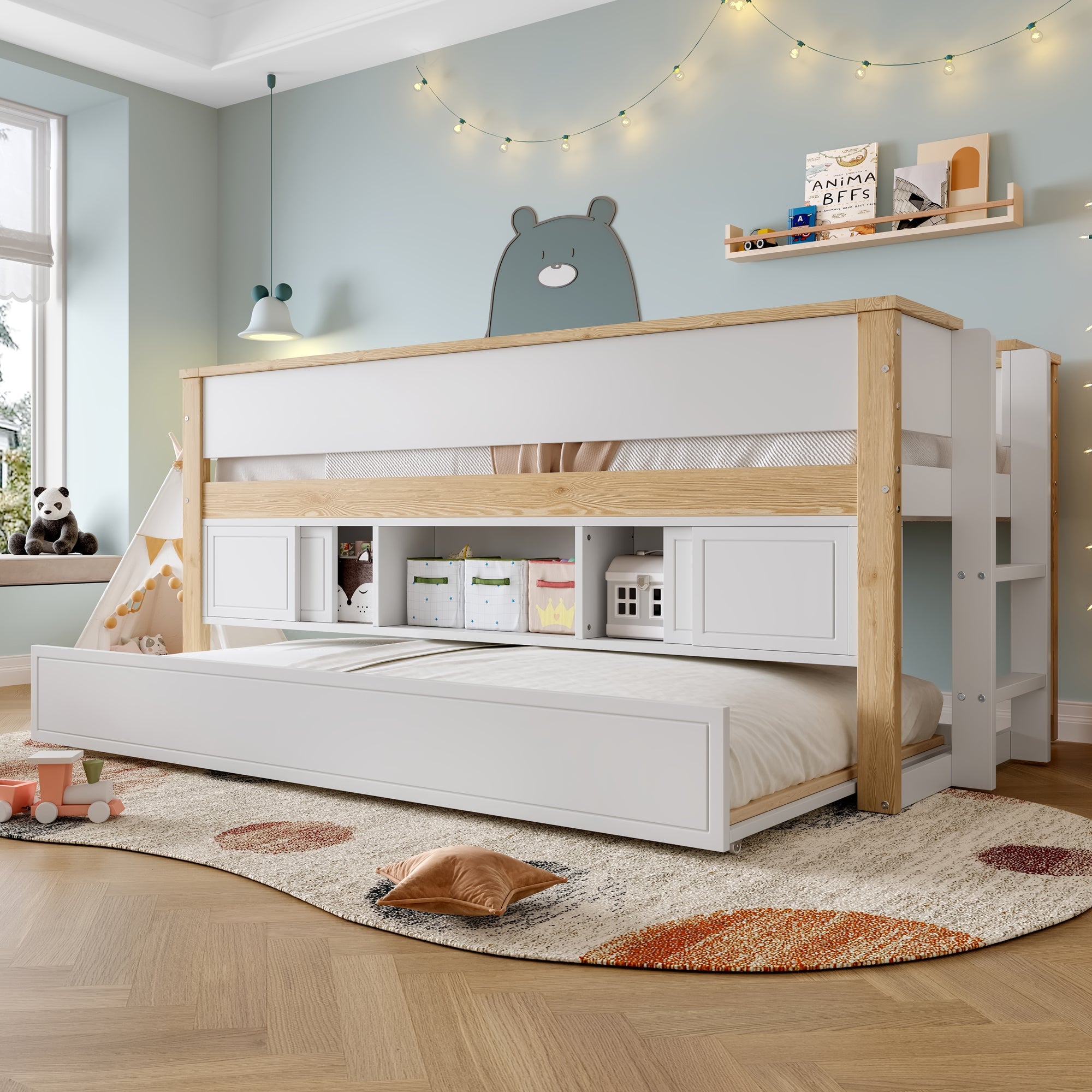 Logidon halfhoogsbed 90x200 wit naturel met onderschuifbed en opbergruimte
