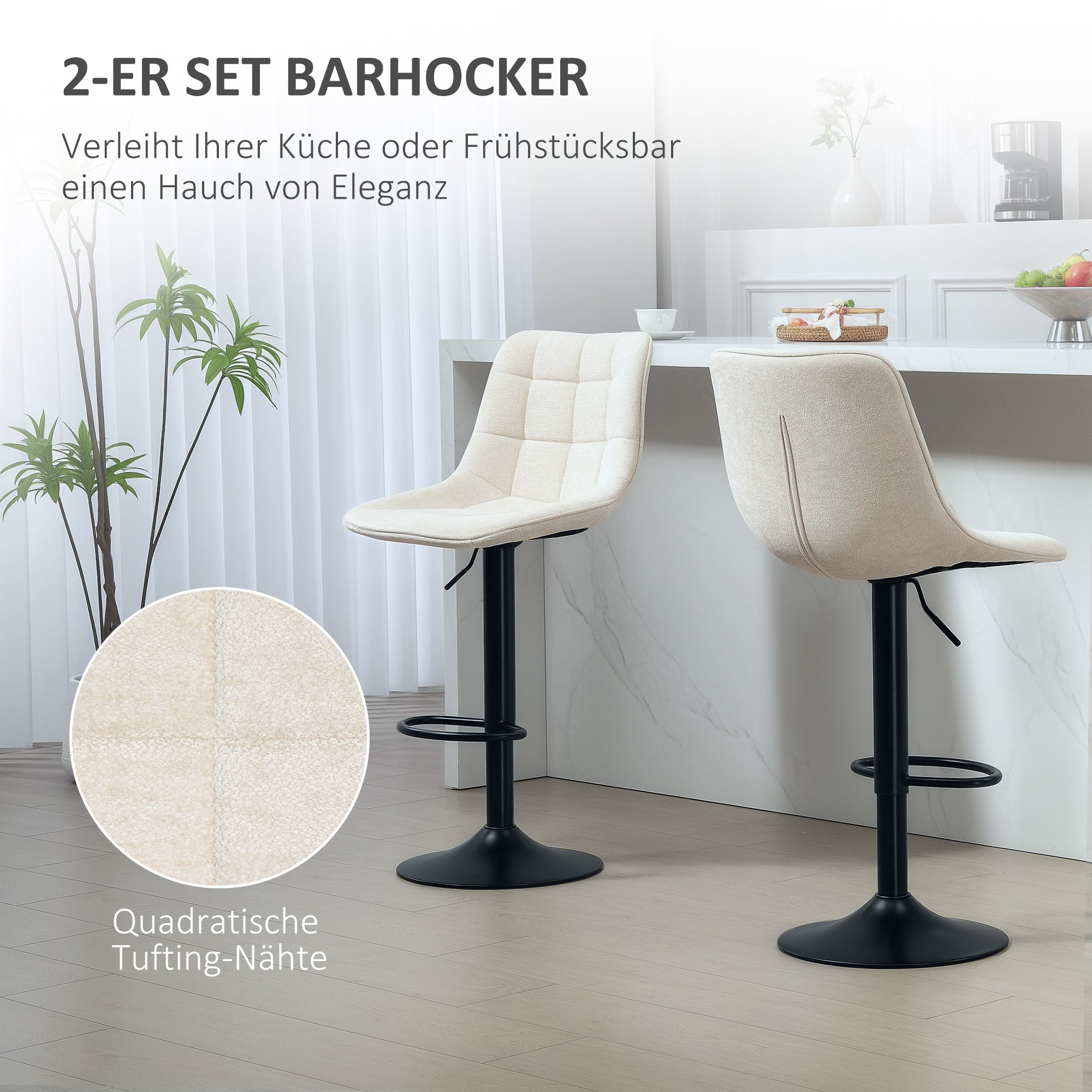 Logidon barkruk set van twee gewatteerd in hoogte verstelbaar beige chenille