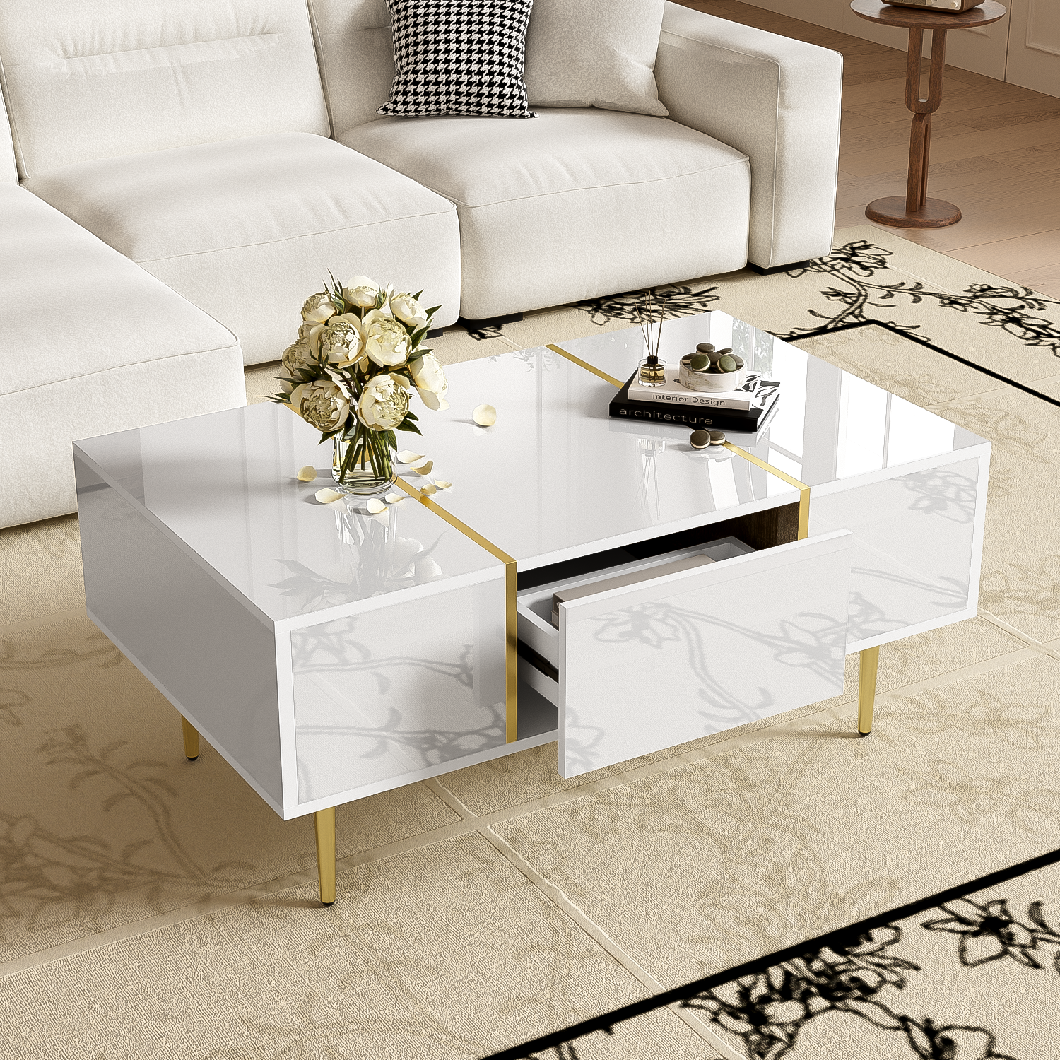 Logidon Witte Hoogglans Salontafel Met Twee Laden 100x60x41,5 cm