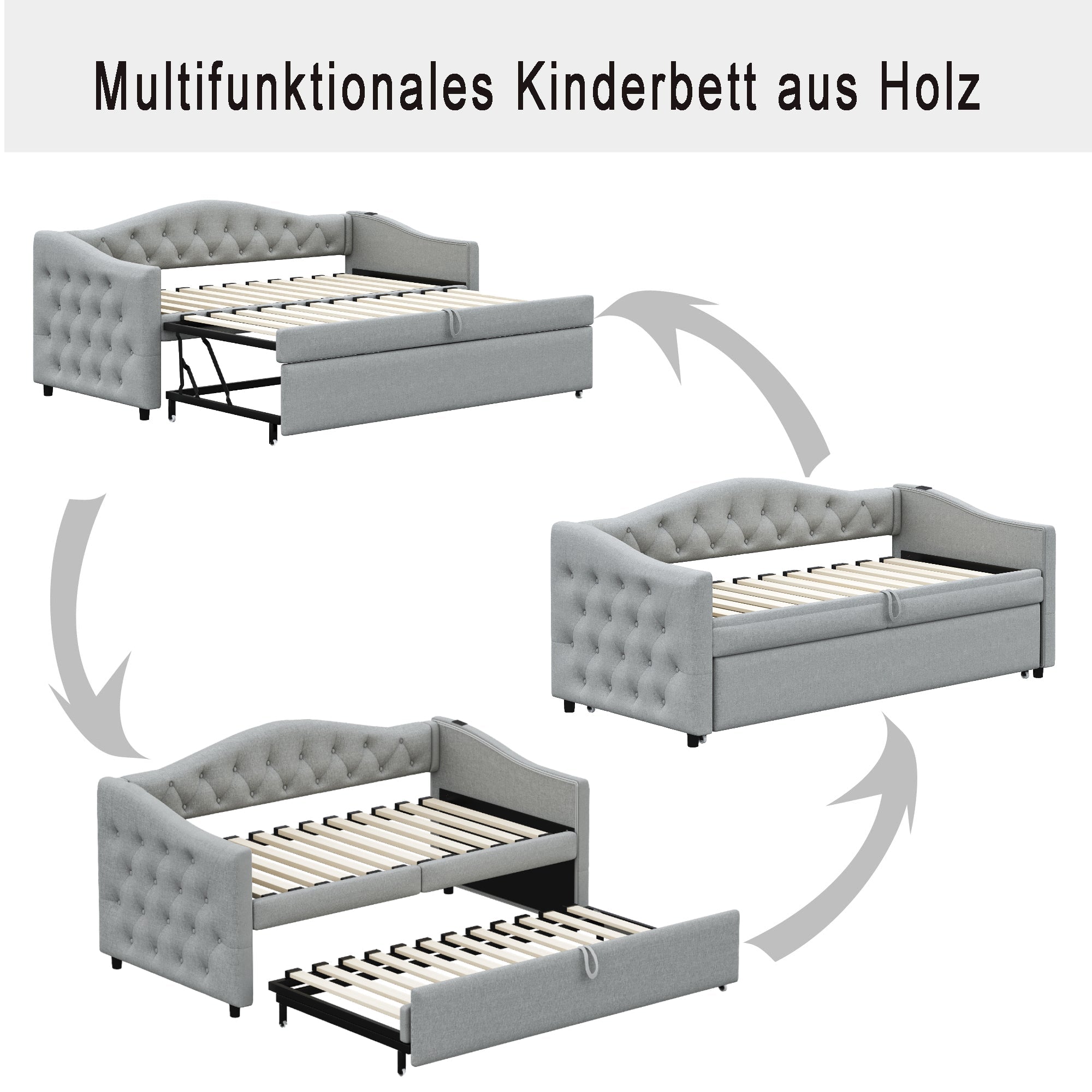 Logidon Upholstered Bed Extendable Sofa Bed 90x200 Gray Linen Fabric USB