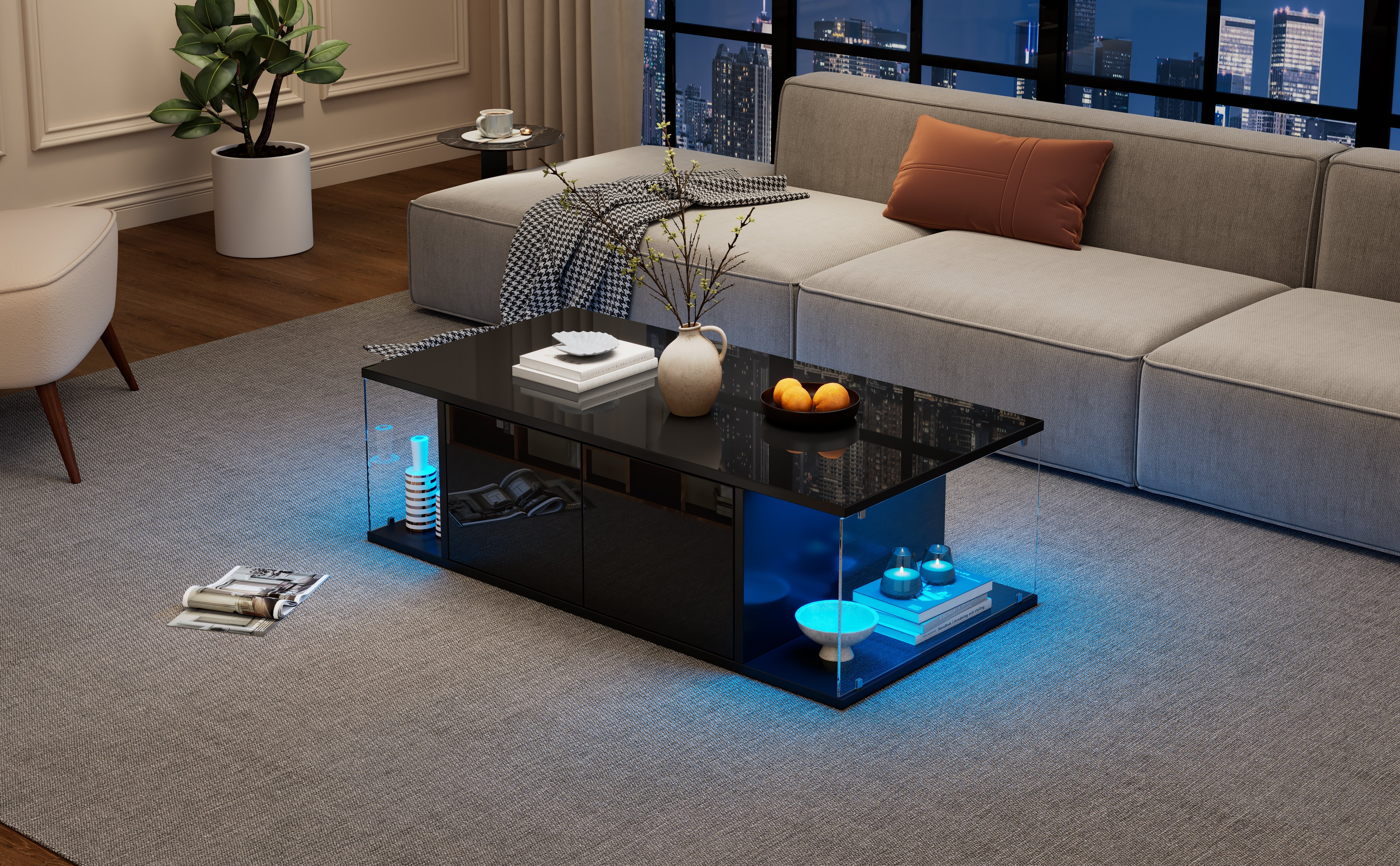 Logidon salontafel 100x50x30 cm zwart hoogglans LED 2 kasten