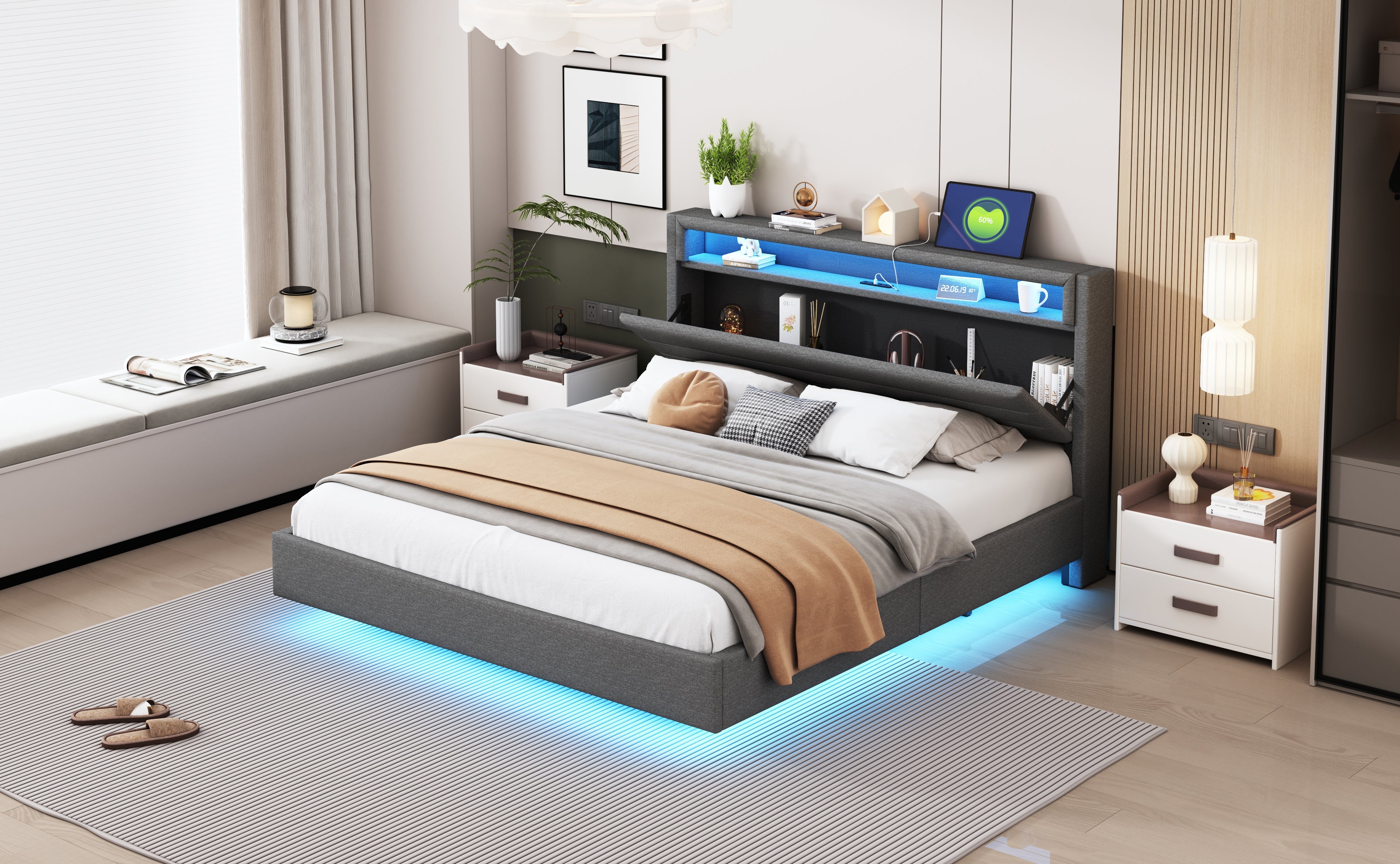 Logidon gestoffeerd bed 160x200 linnen stof USB Omkeerbaar LED-hoofdeinde