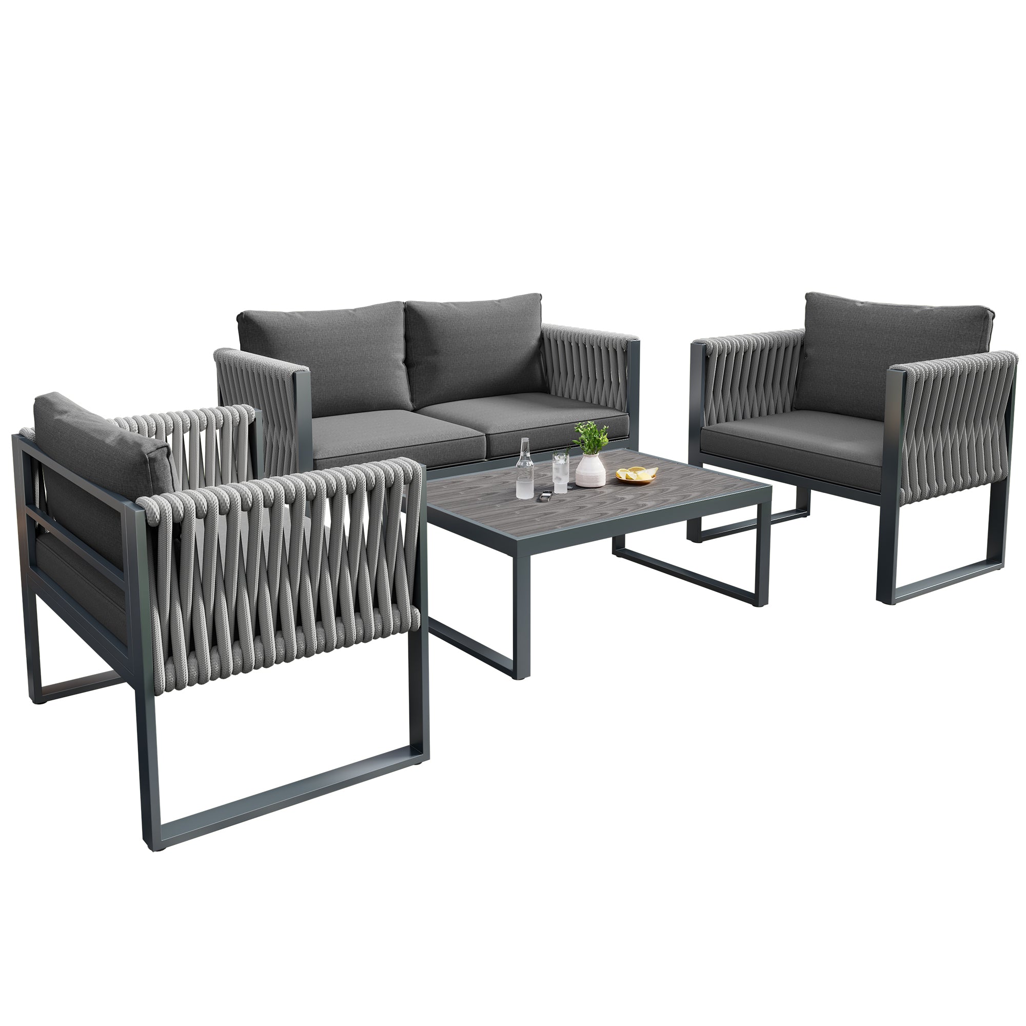 Logidon Tuinloungeset Grijs Touw met Gegalvaniseerd Ijzeren Frame Set van 4