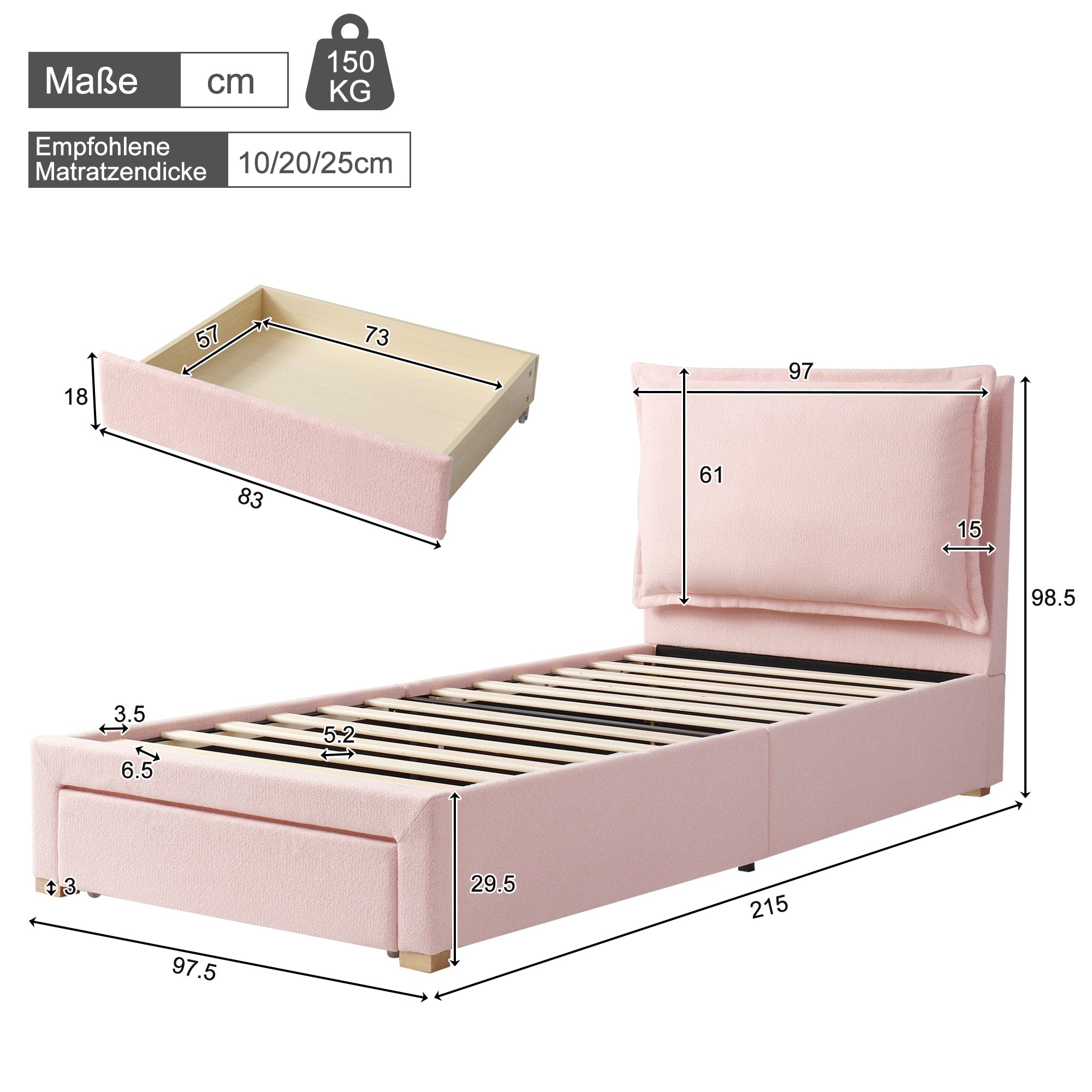 Logidon gestoffeerd bed 90x200 roze chenille met opbergruimte en lattenbodem