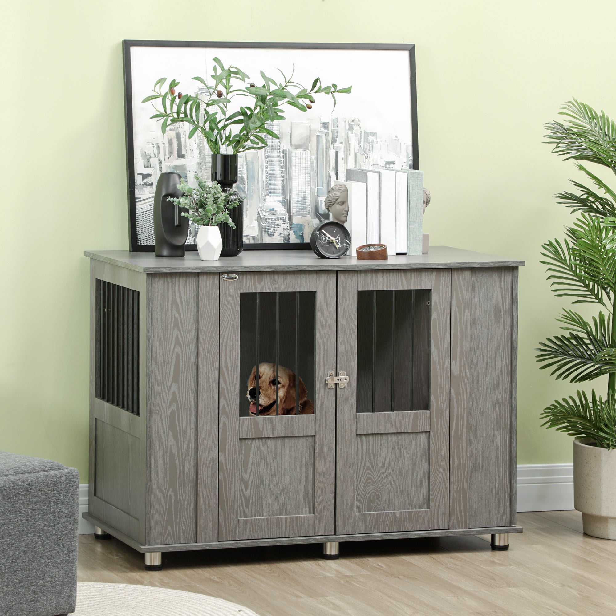 Logidon Grote Hondenkooi Hout Grijs 114x60x82 cm met Magnetische Deur