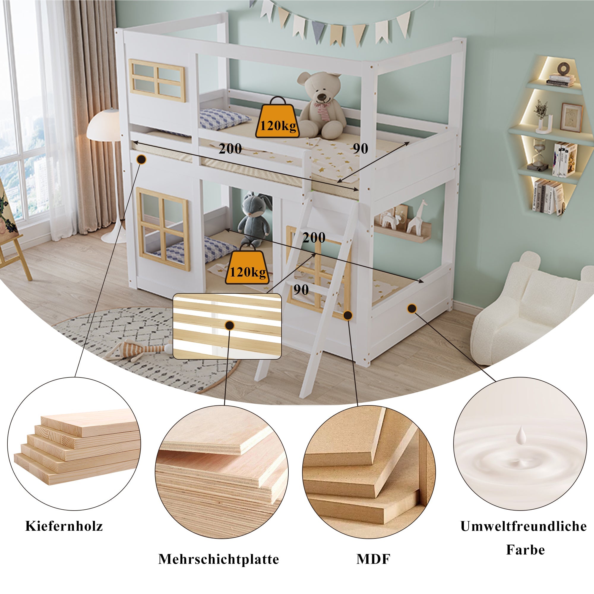 Logidon stapelbed 90x200 wit naturel met vierzijdig hekwerk