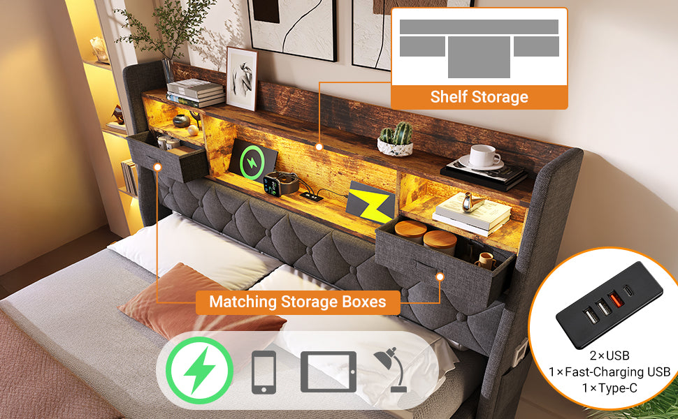 Logidon gestoffeerd bed 160x200 cm met opbergruimte, LED-hoofdbord, USB-C