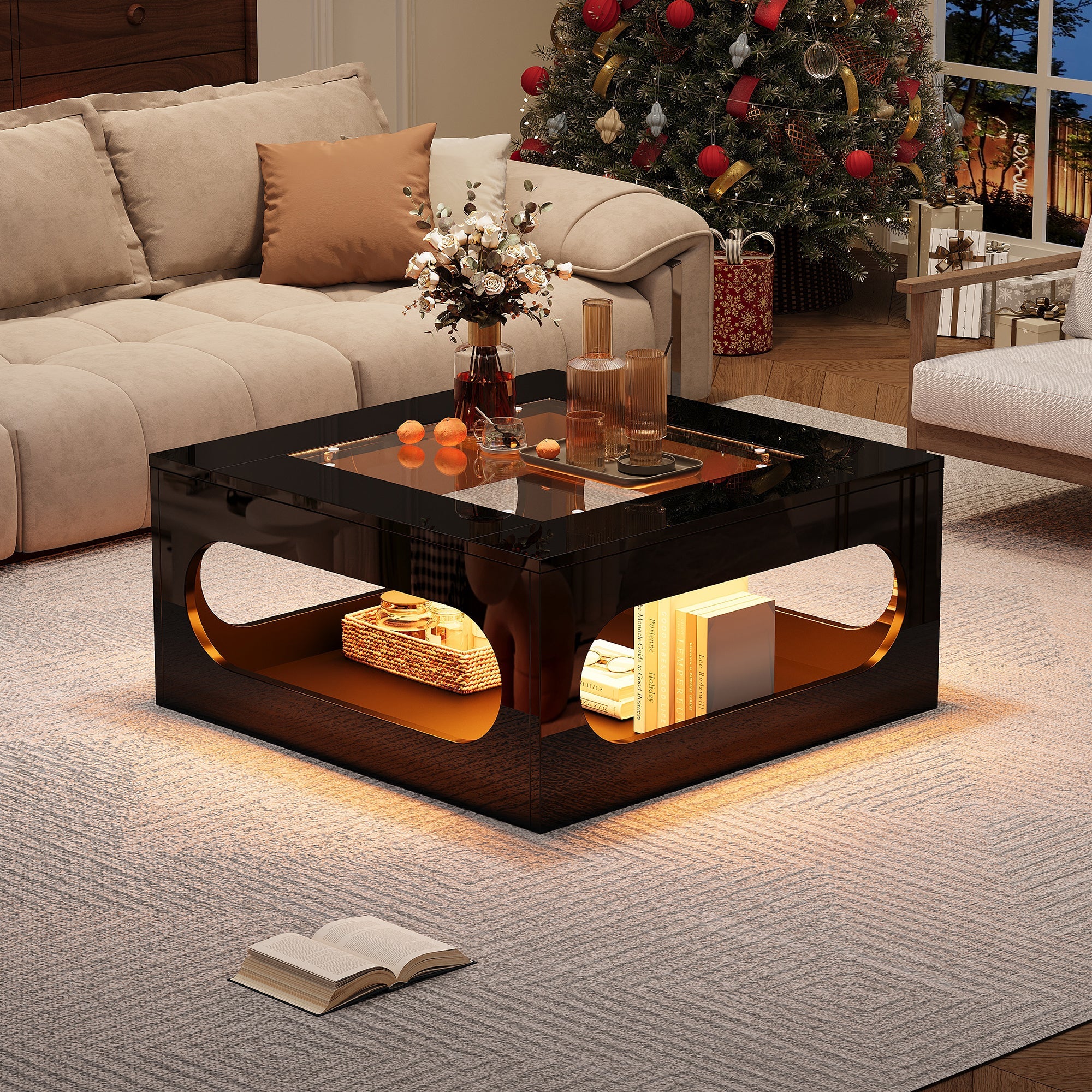 Logidon LED salontafel 70x70 cm vierkant zwart MDF glasblad