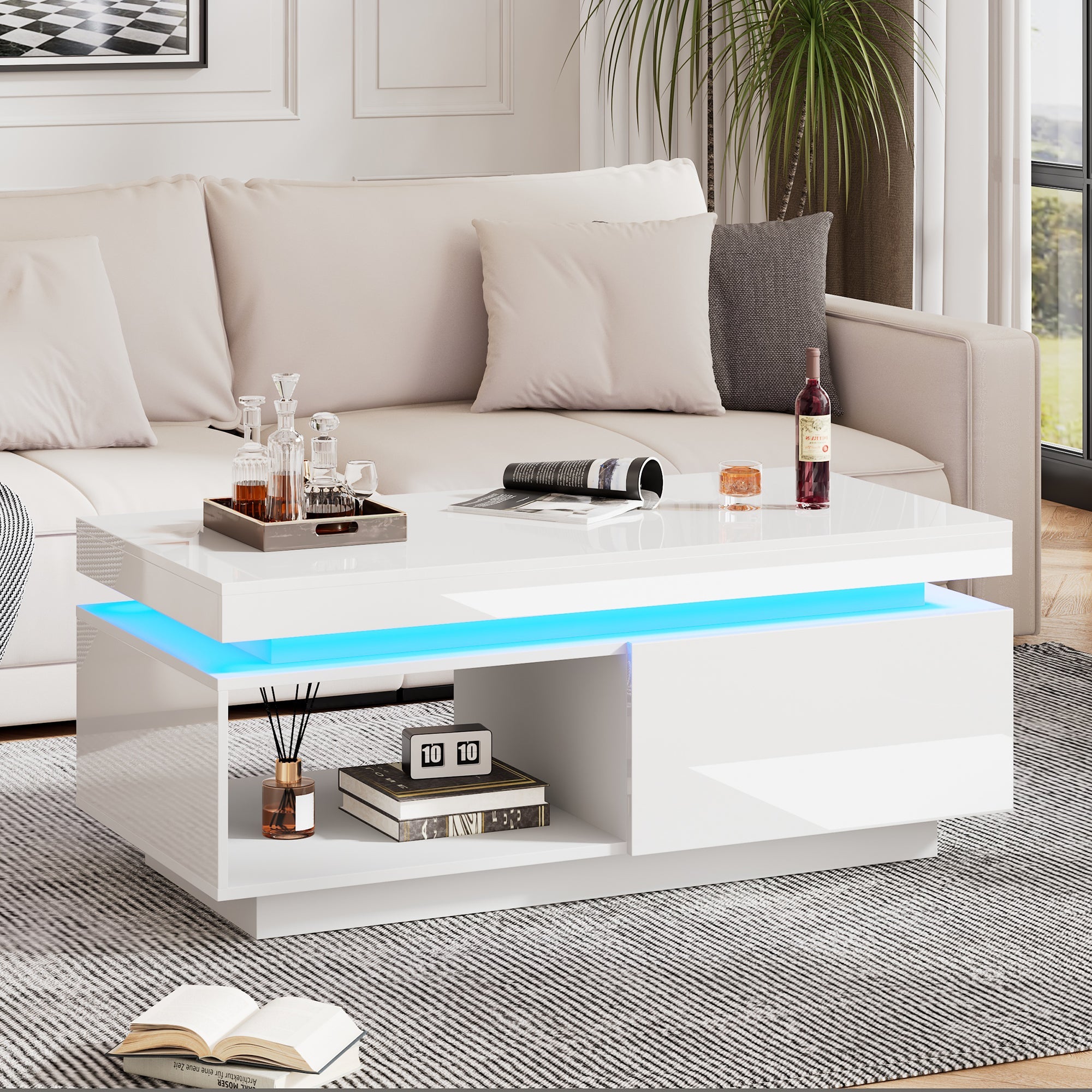 Logidon hoogglans witte salontafel met LED verlichting 100x50x40,3 cm