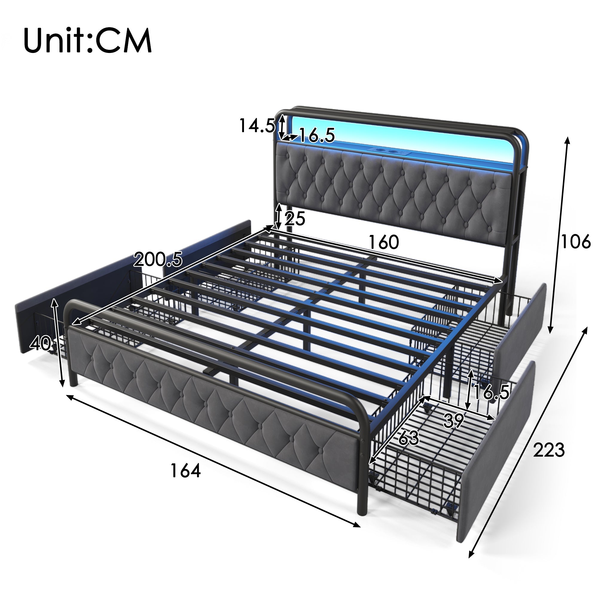 Logidon gestoffeerd bed tweepersoonsbed 160x200 fluweelgrijs USB-C oplaadfunctie LED