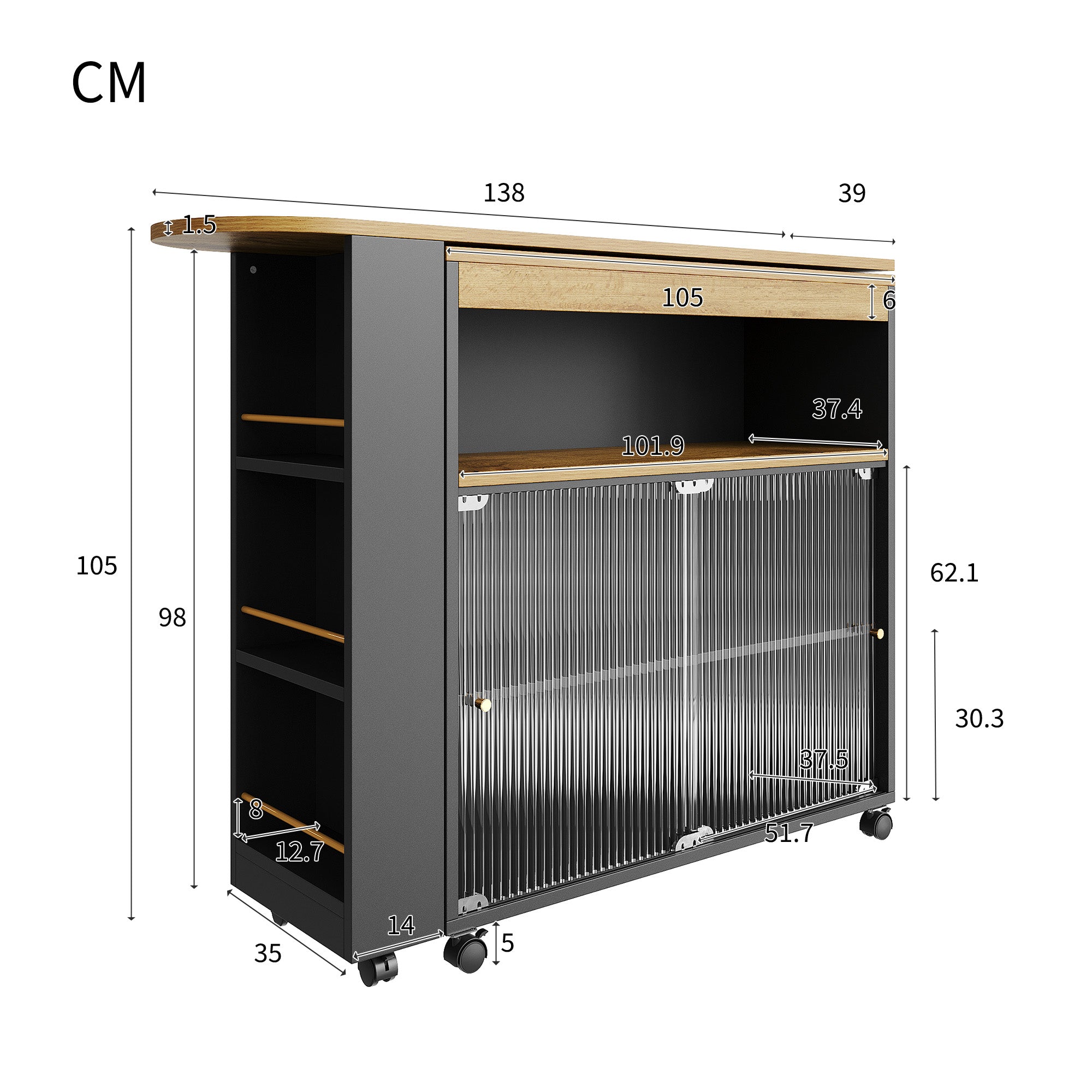 Logidon Uitschuifbare bartafel met opbergruimte en LED 138 tot 204 cm
