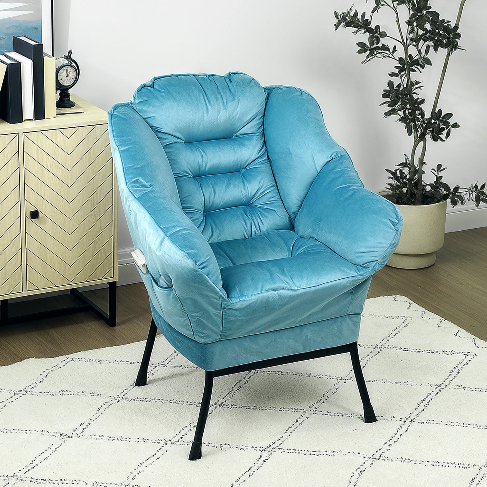 Logidon loungestoel blauw fluweellook met zijvak stalen poten
