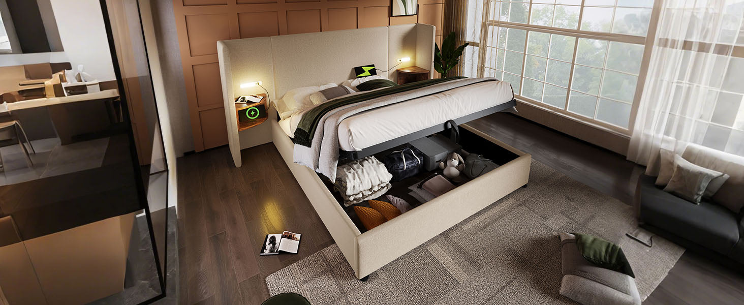 Logidon upholstered bed 160x200 double bed beige linen with storage space
