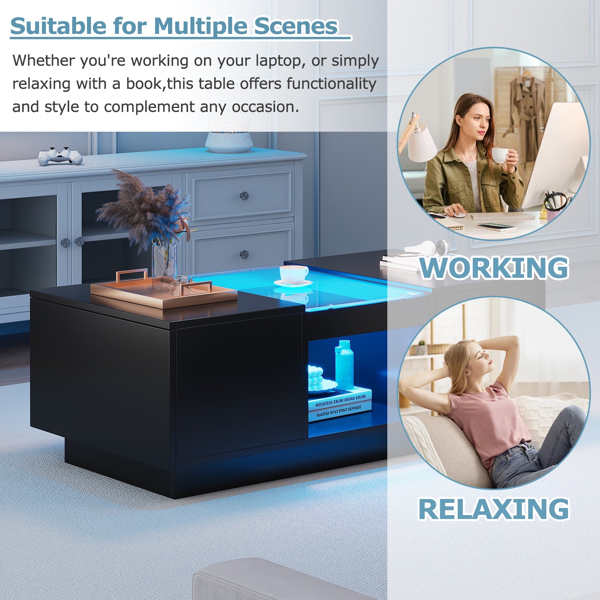 Logidon Zwarte salontafel 100x50x35,5 cm glaspanelen LED