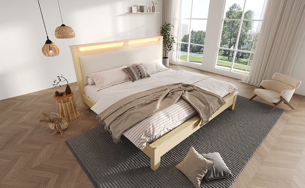 Logidon tweepersoonsbed 160x200 cm met opbergruimte en LED-verlichting beige