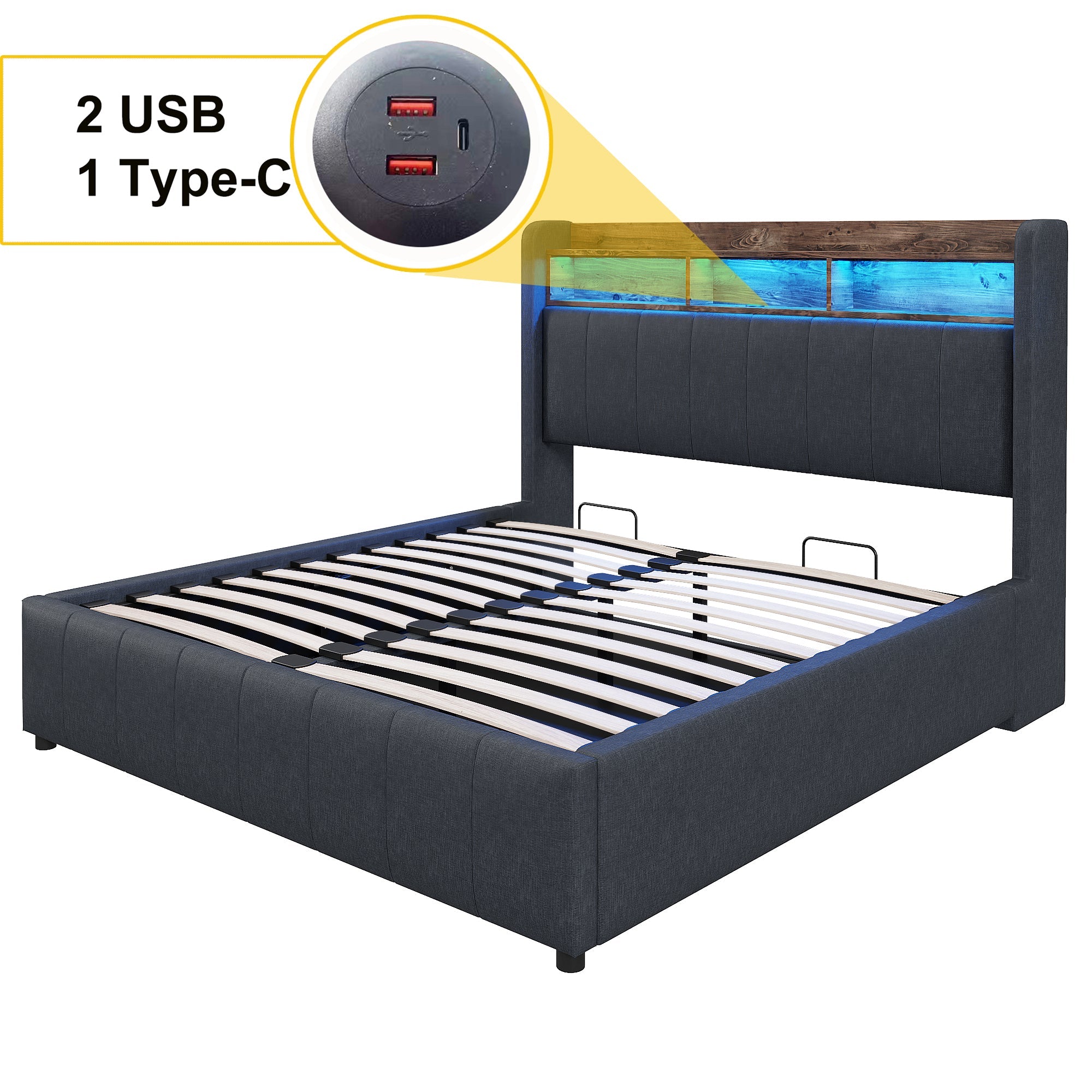 Logidon gestoffeerd bed 140x200 cm grijs met LED verlichting USB opbergruimte