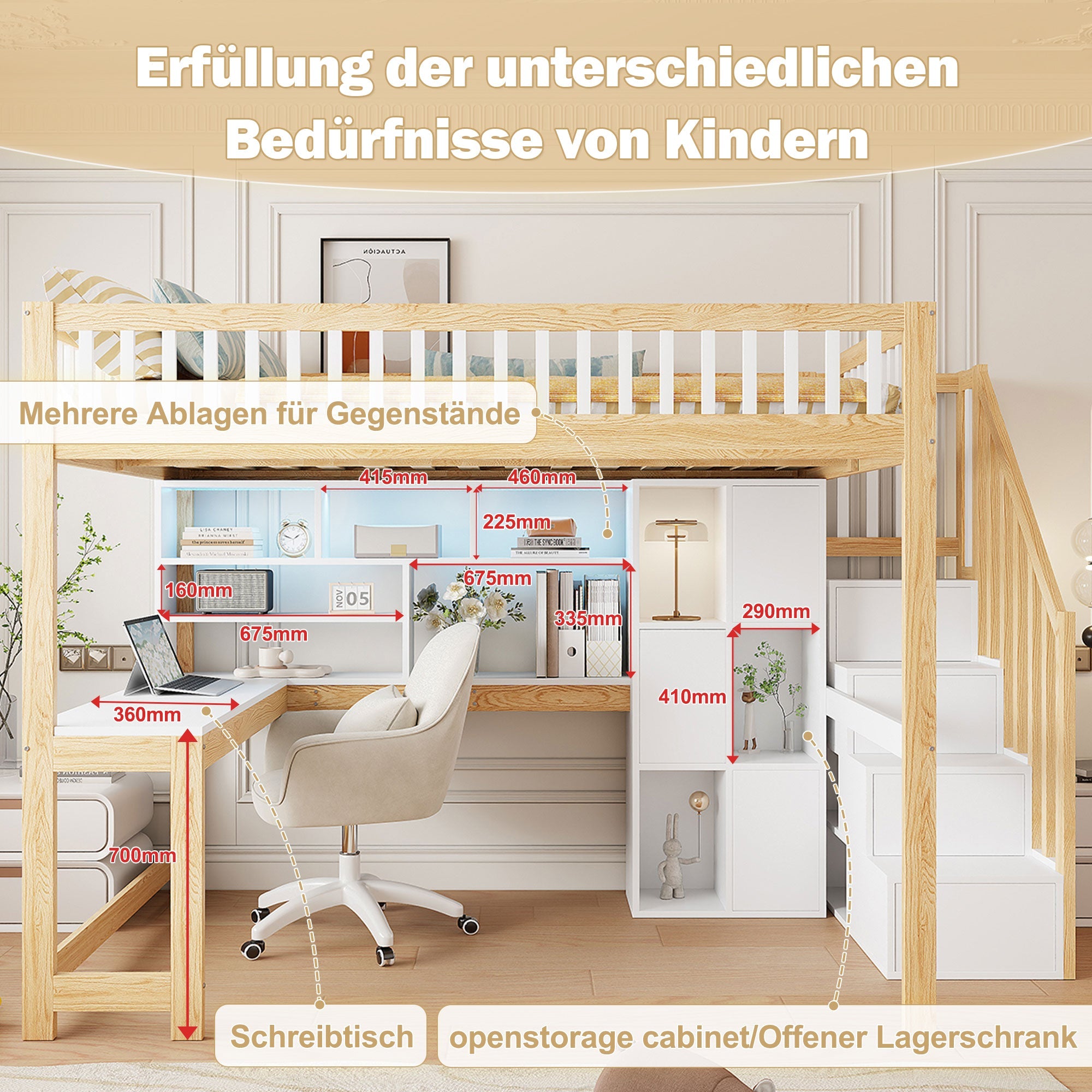 Logidon hoogslaper 140x200 cm met LED-verlichting wit en naturel