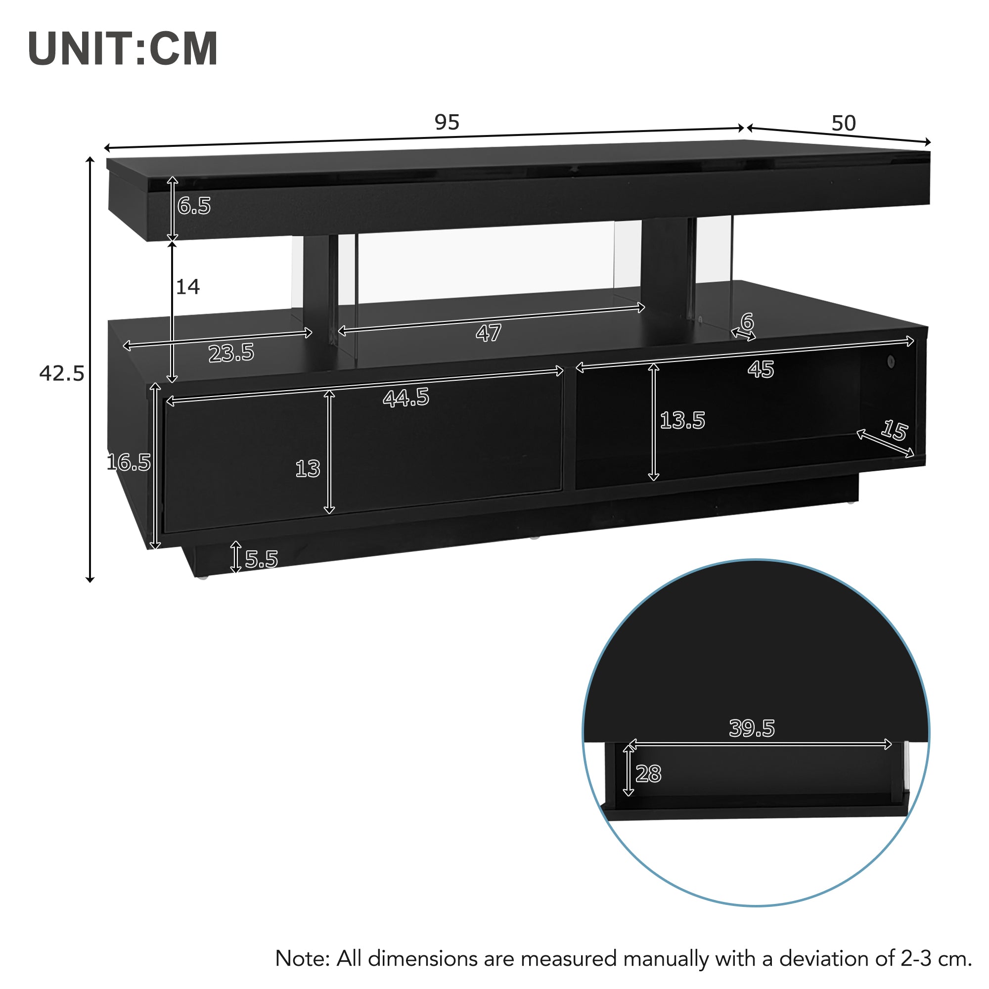 Logidon hoogglans salontafel zwart 95x50x42,5 cm glazen bladen