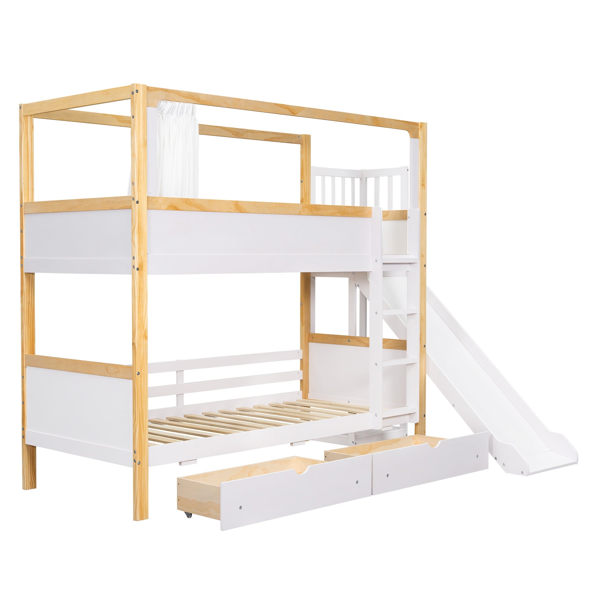 Logidon stapelbed 90x200 wit naturel met glijbaan en lades