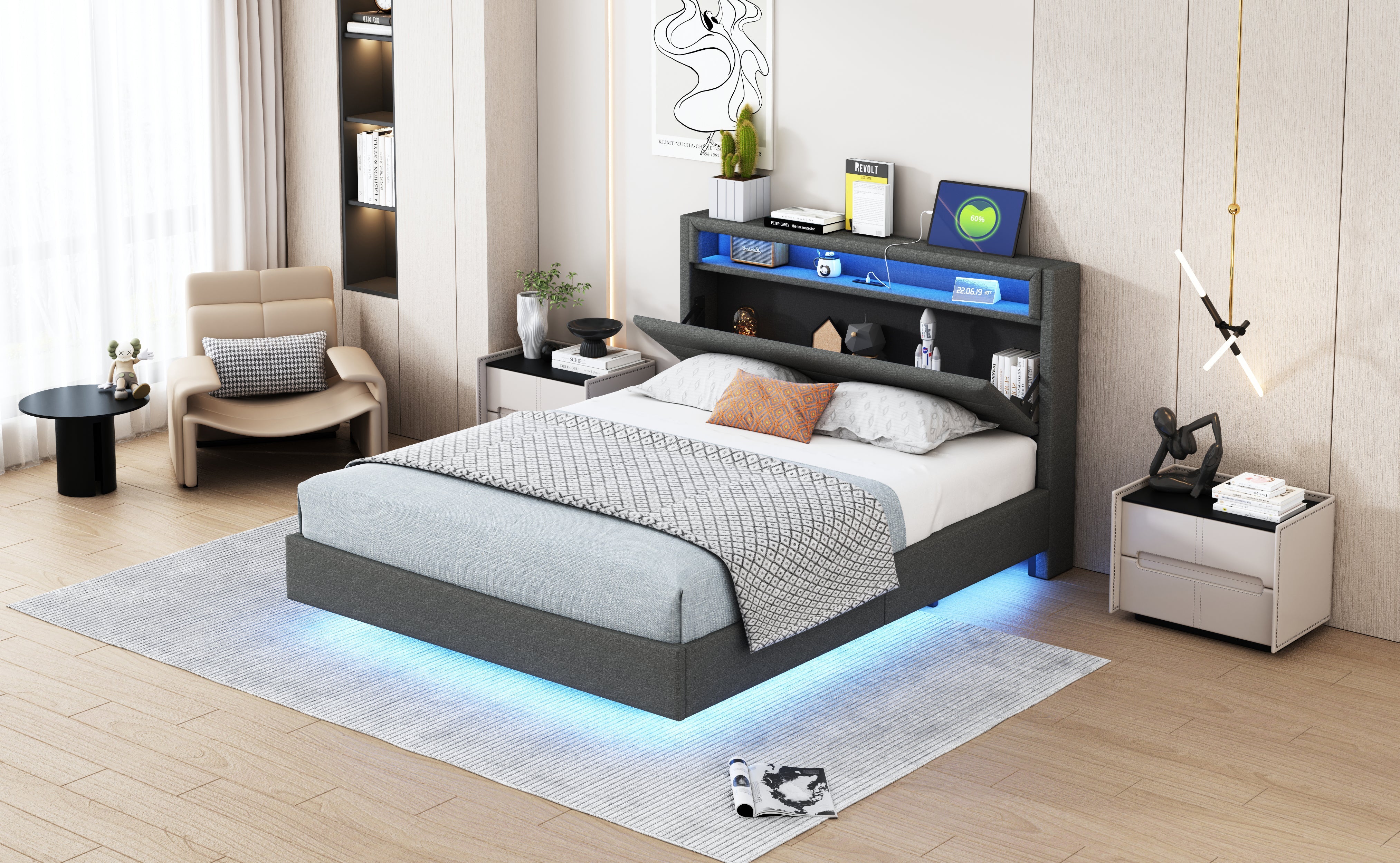 Logidon bed 140x200 cm grijs USB-aansluiting LED omkeerbaar hoofdeinde