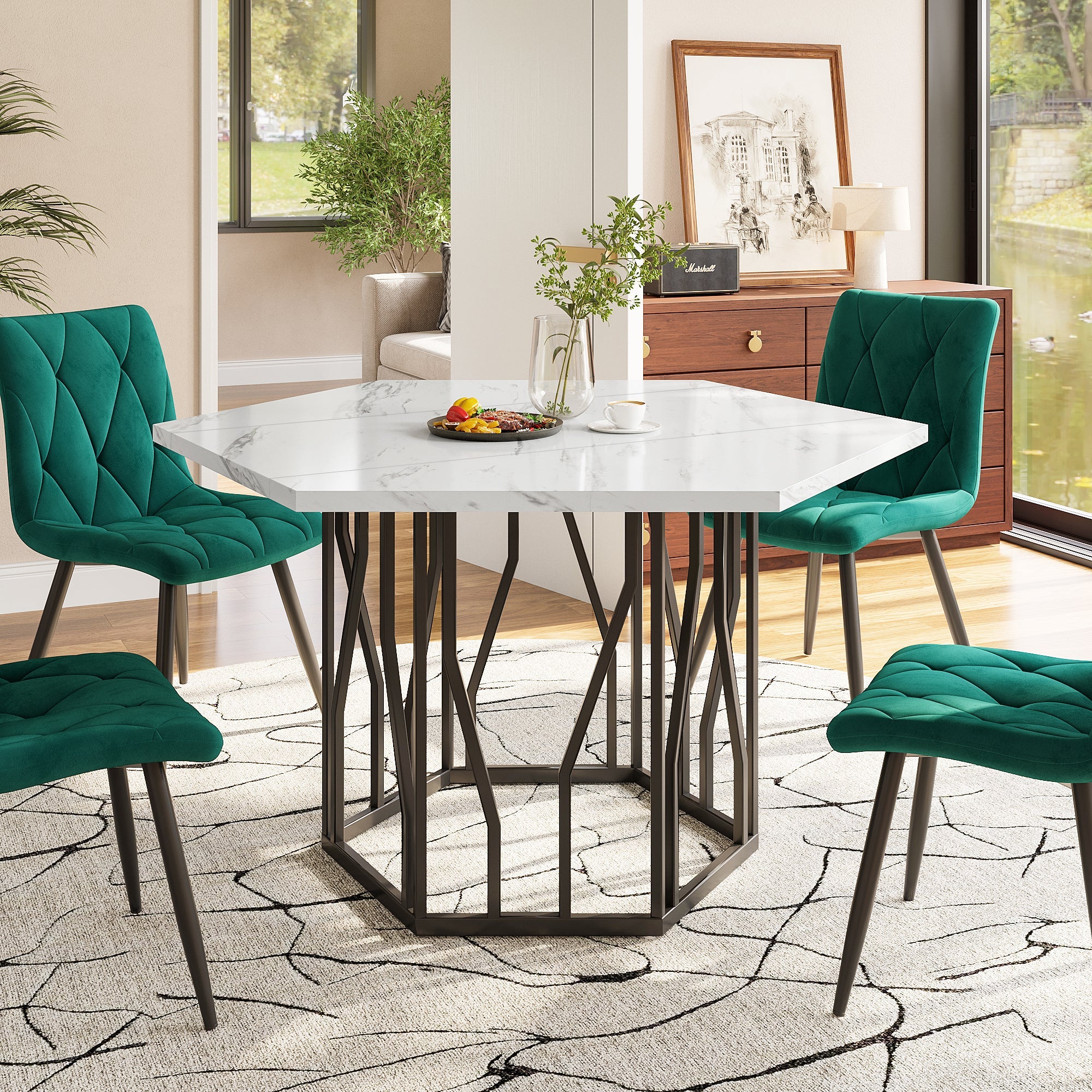 Logidon moderne zeshoekige marmeren tafel, 115,5 x 100 cm, zwart frame