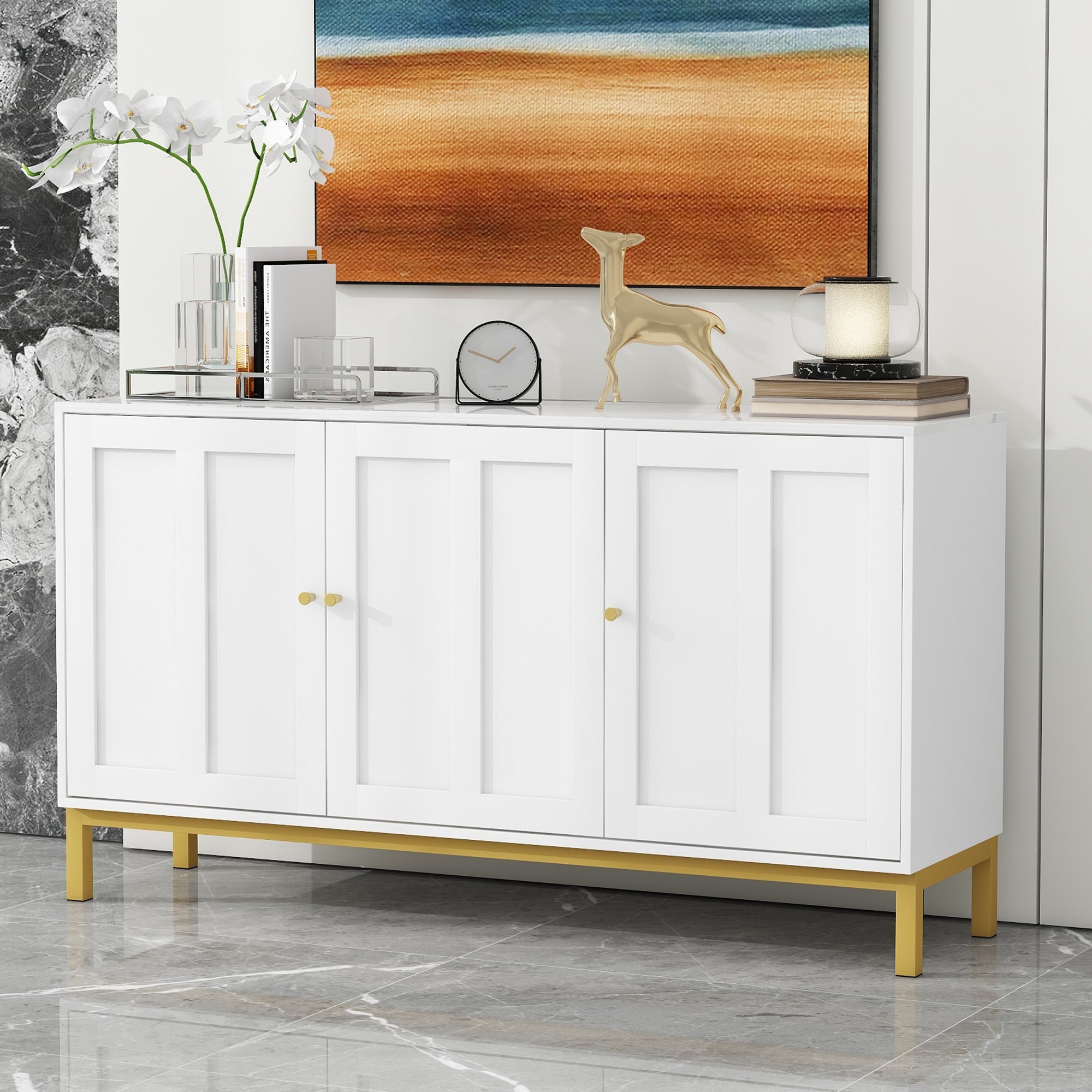 Logidon sideboard 3 doors with marble table top white 140 cm