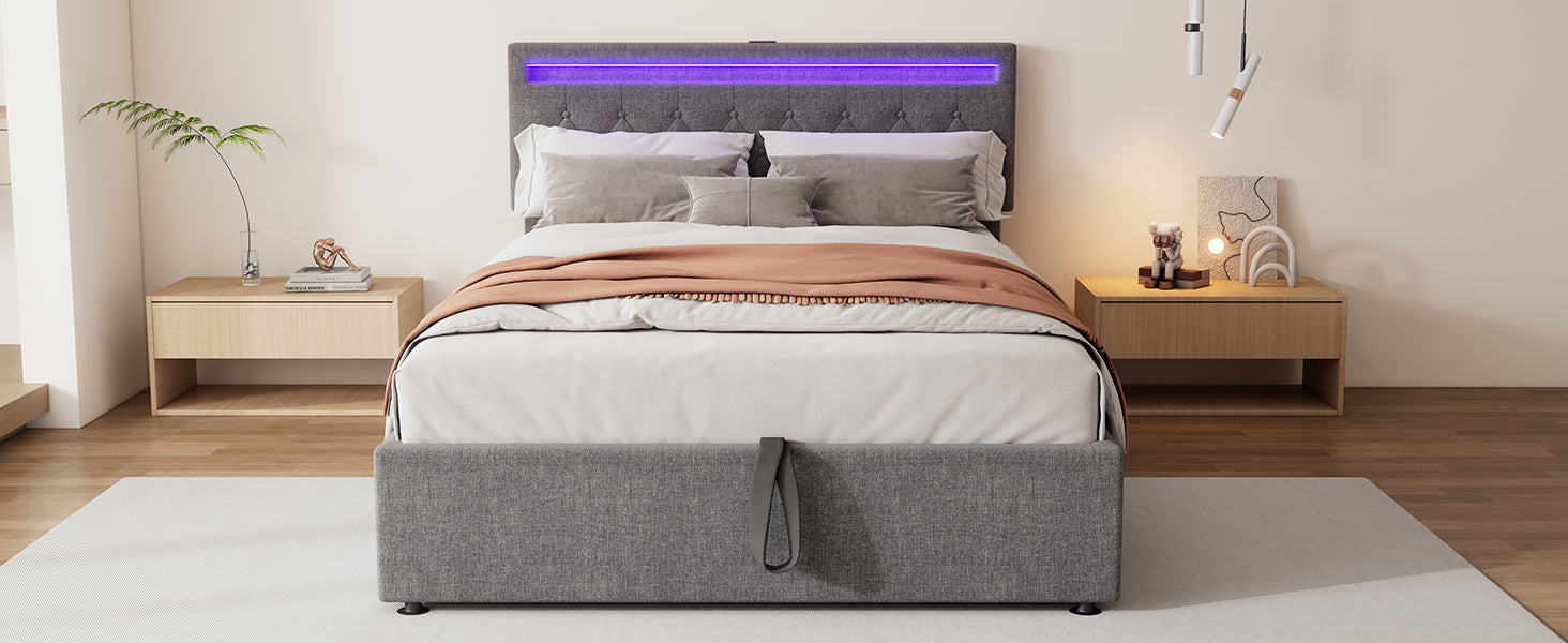 Logidon 140x200 cm gewatteerd bed met sfeerlichtopberger grijs