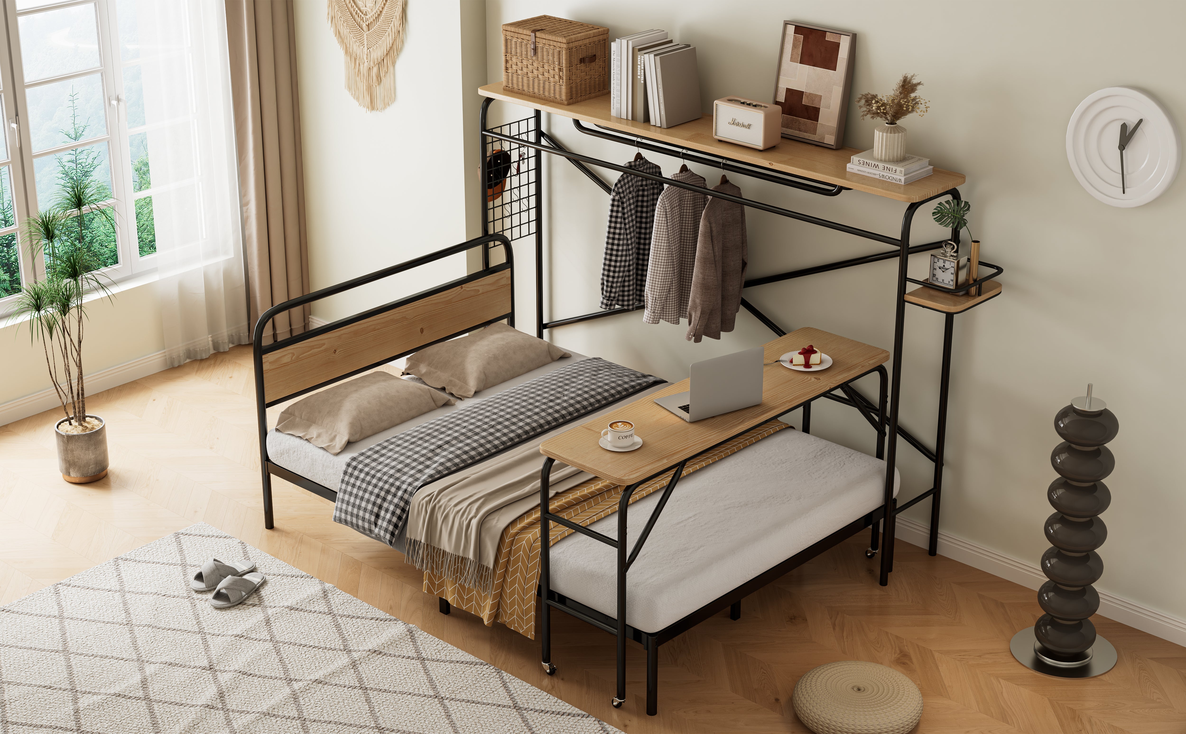 Logidon metalen bed 140x200 met tafelkapstok zwart naturel