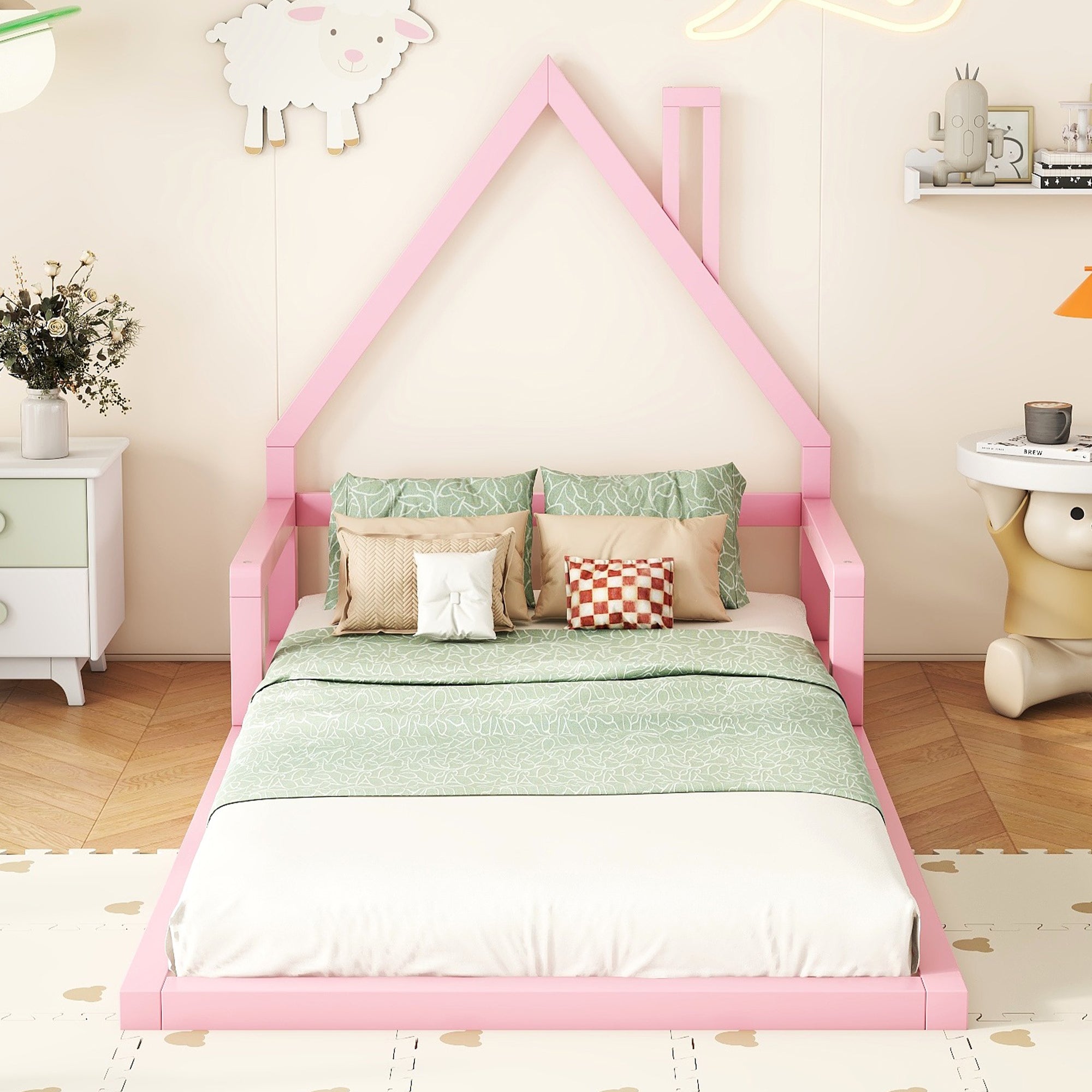 Logidon plat bed 90x200 huisvorm roze massief grenenhout