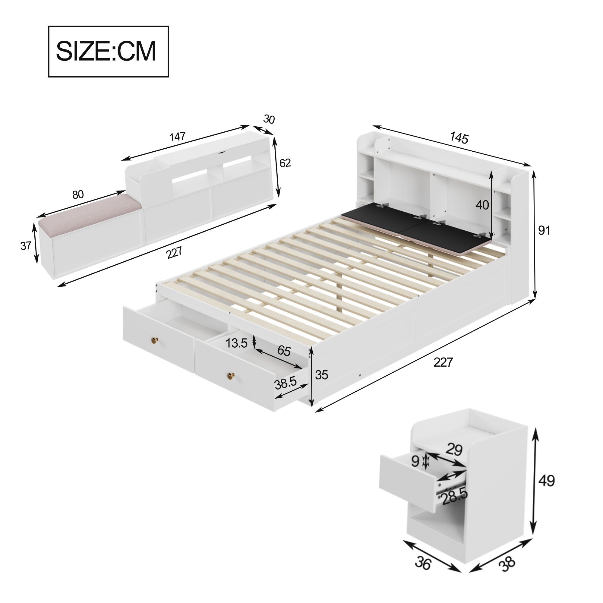 Logidon massief houten combinatiebed 140x200 cm wit met opbergruimte