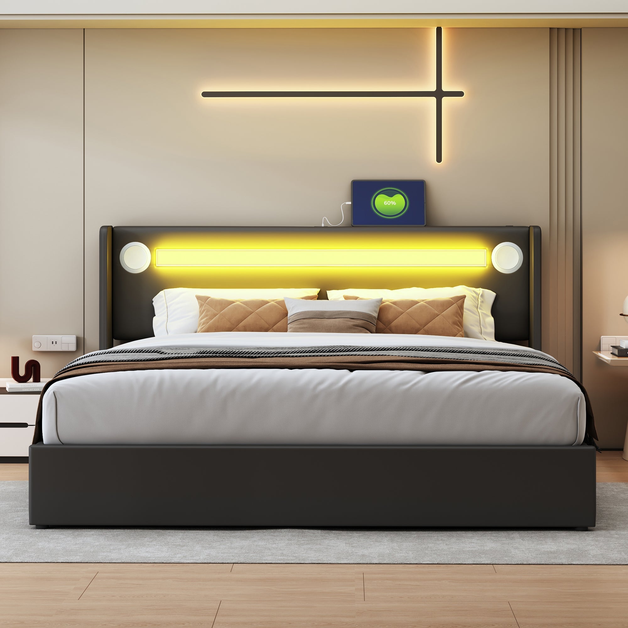Logidon gestoffeerd bed 160x200 zwart met LED lichtstrip USB opladen