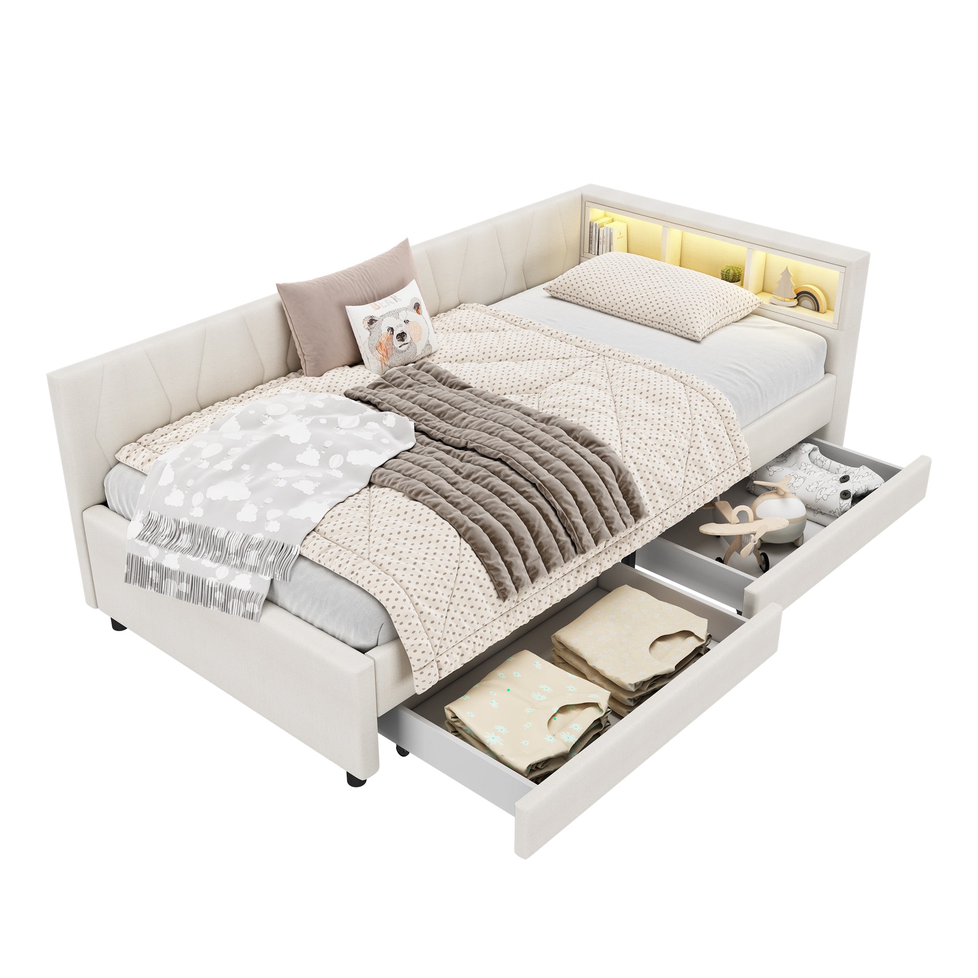 Logidon Dagbed 90x200 cm Beige Slaapbank Opbergvak met USB C LED