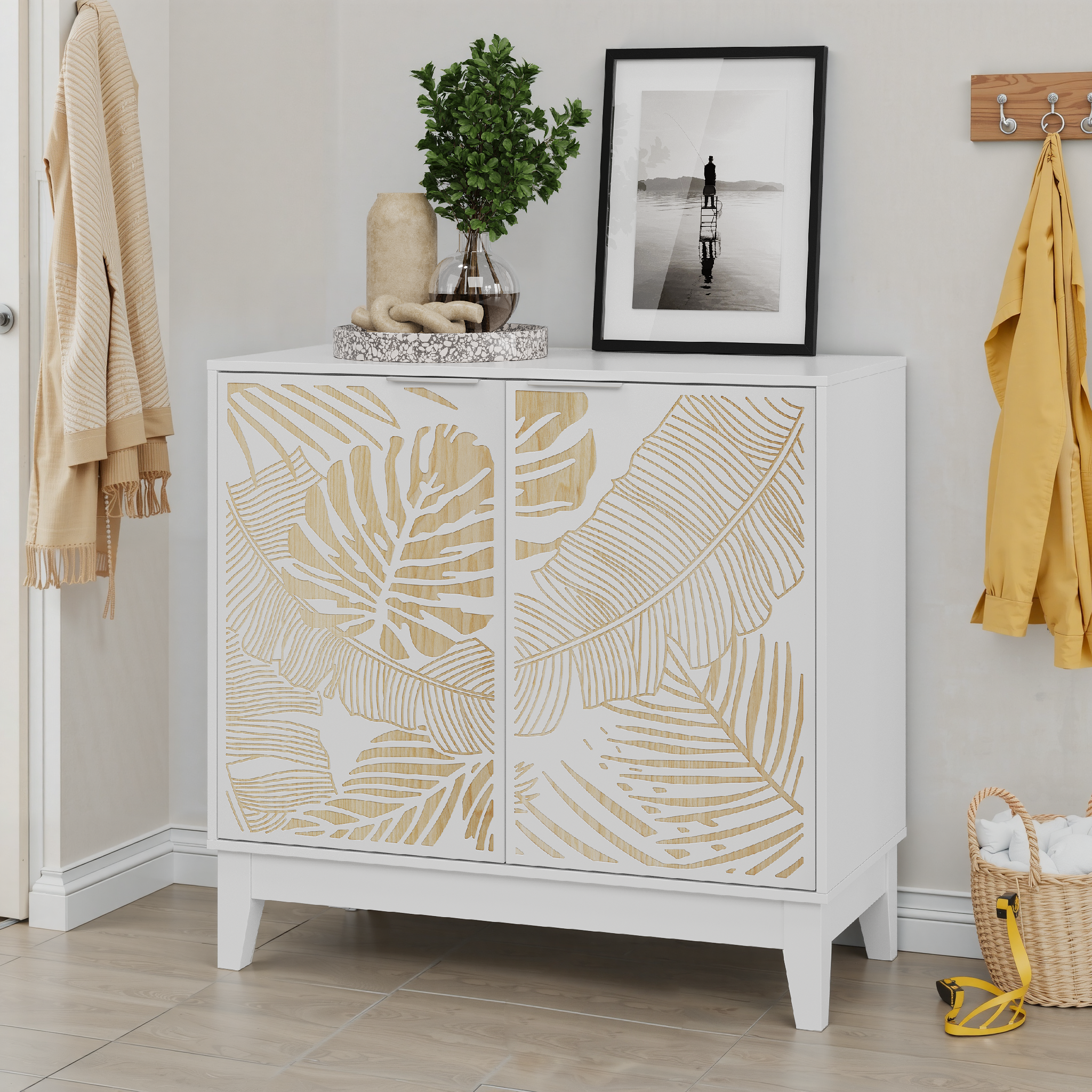 Logidon 80 cm vintage buffetkast wit met houtsnijwerk 2 deuren
