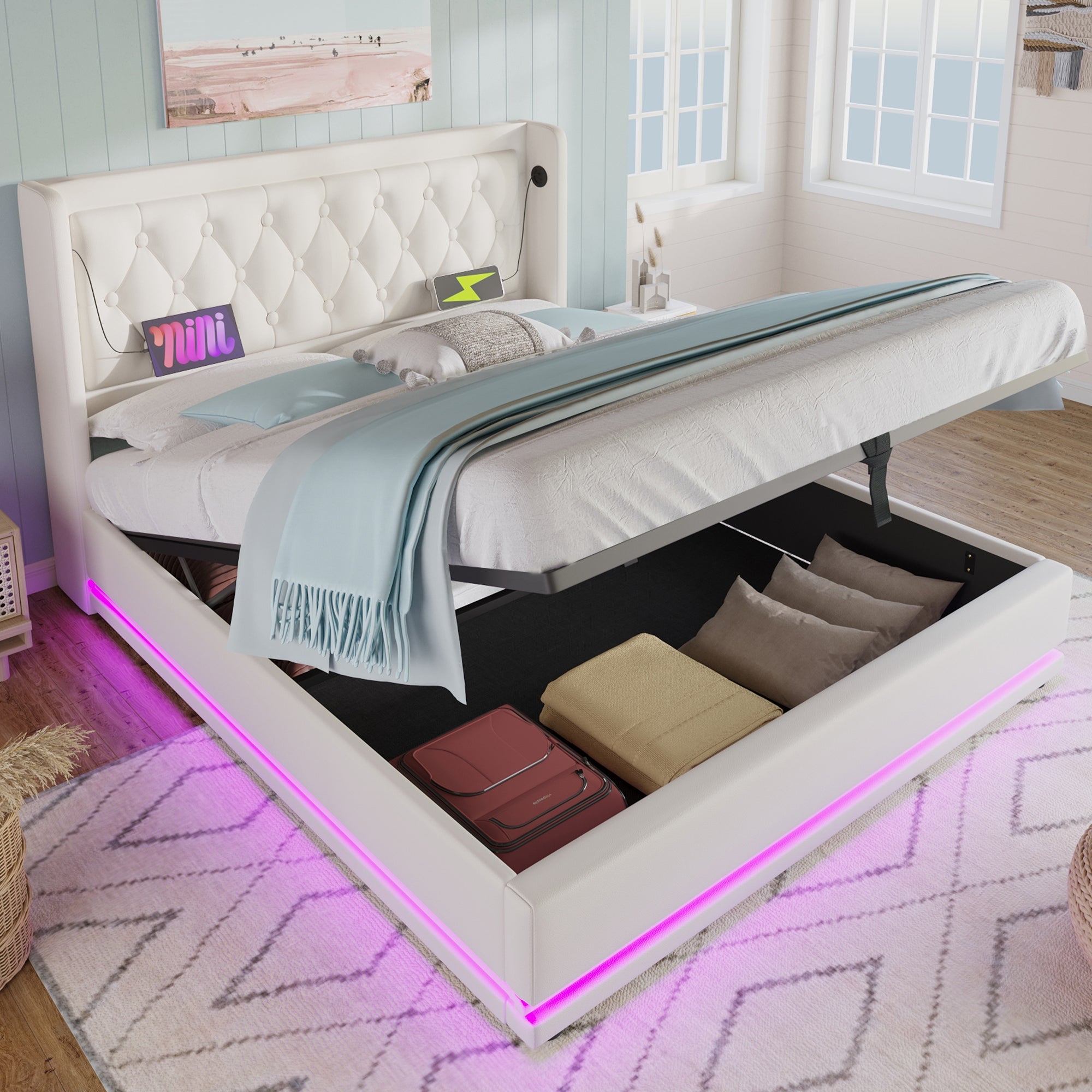 Logidon upholstered bed 160x200 cm white PU with USB C charging function storage space