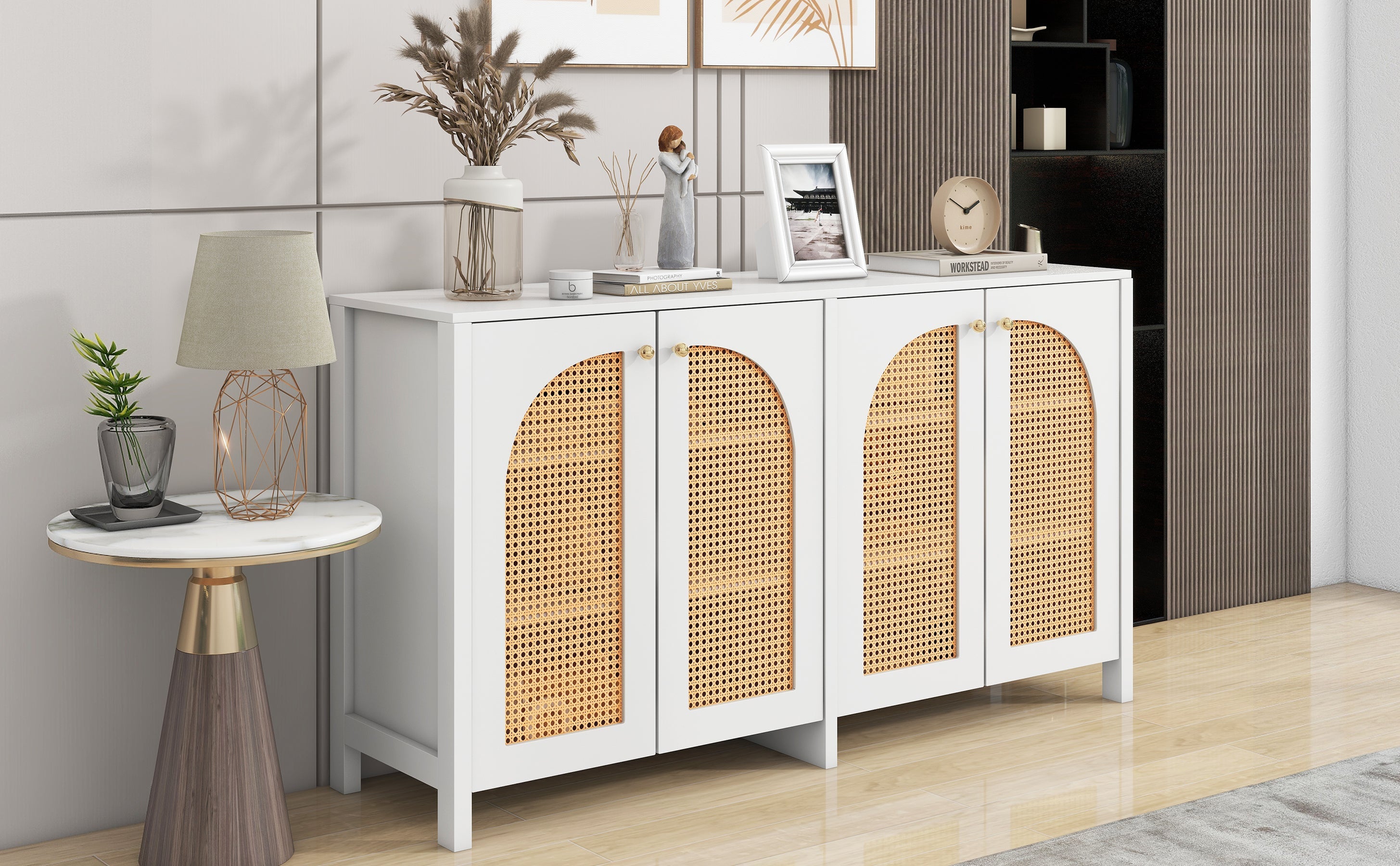 Logidon Modern dressoir 4 rotan deuren wit 145x40x80 cm