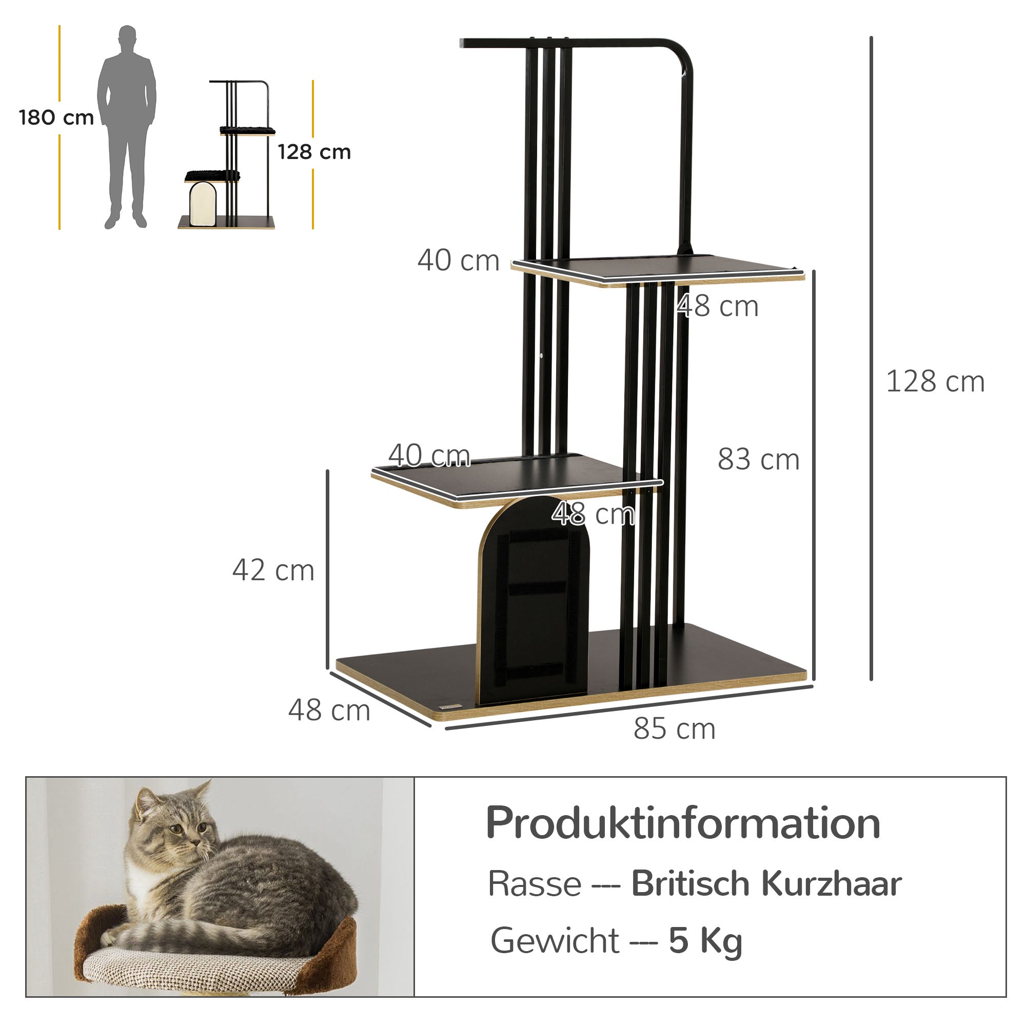 Logidon Krabpaal 128 cm Zwart 2 Platforms Kussen Krabplank