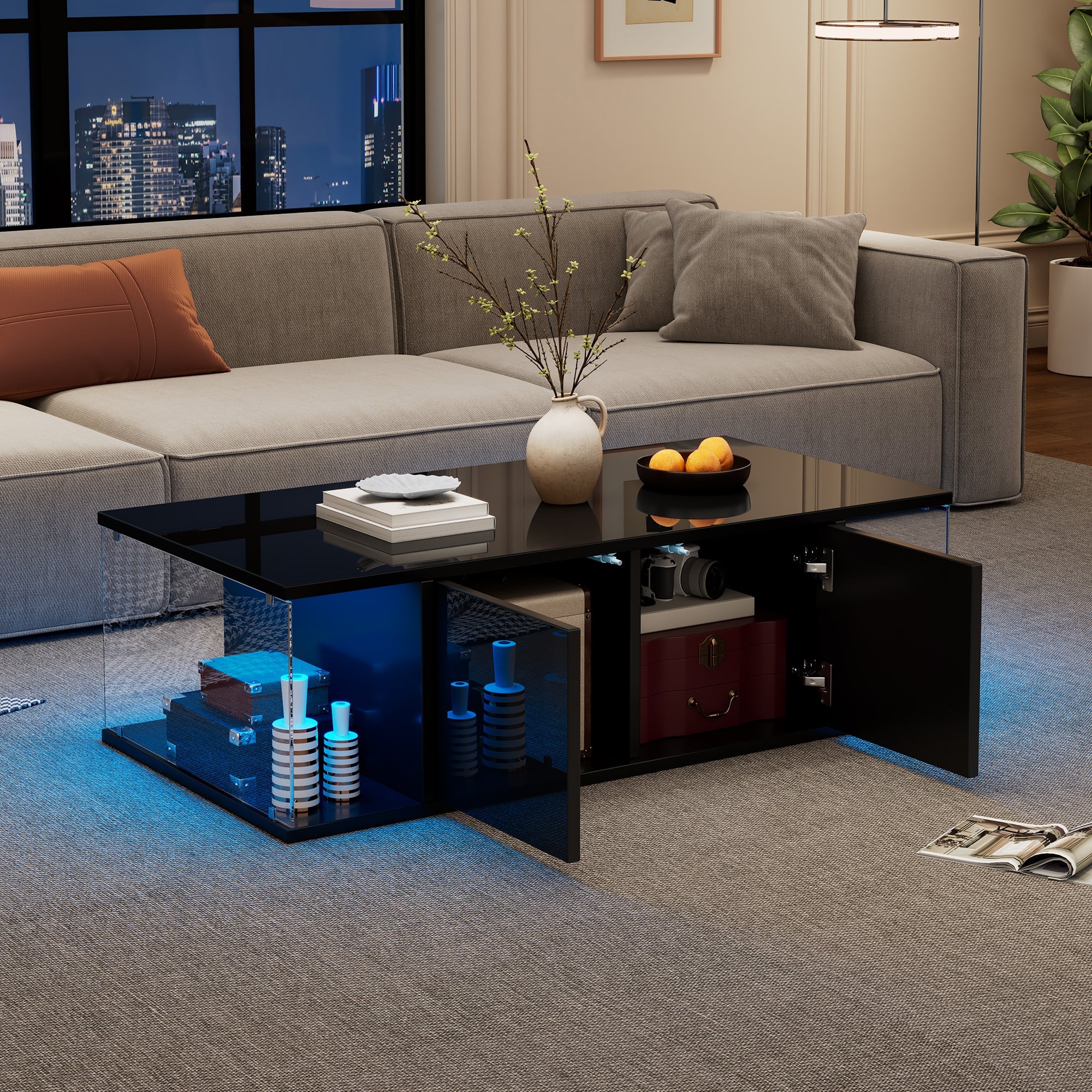 Logidon salontafel 100x50x30 cm zwart hoogglans LED 2 kasten