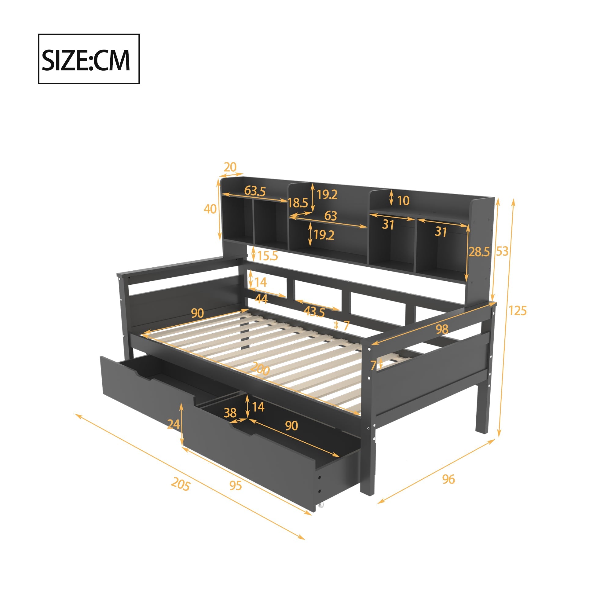 Logidon slaapbank 90x200 grijs met lattenbodem en lades