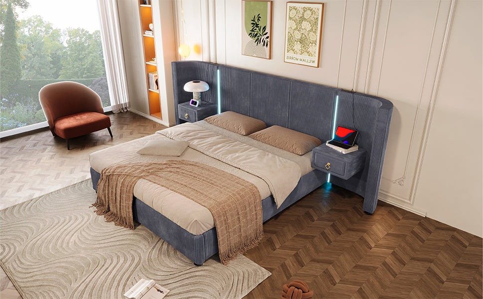 Logidon upholstered bed 180x200 cm gray velvet with LED strip storage space